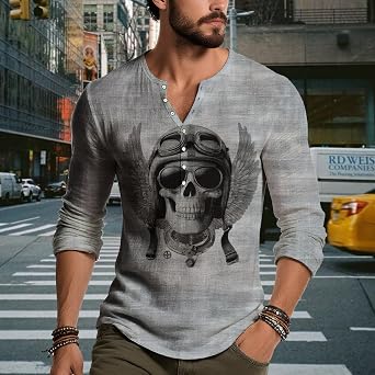 Mens Skull Print Shirt Spring Casual Henley Shirts Distressed Retro Long Sleeve Button Tops Lightweight Street