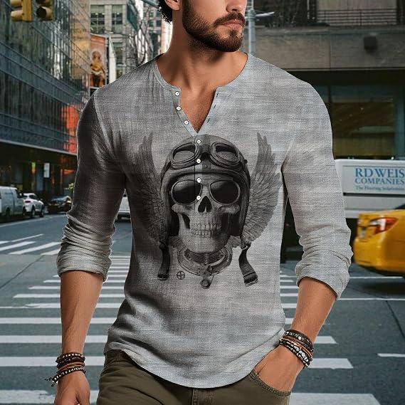 Mens Skull Print Shirt Spring Casual Henley Shirts Distressed Retro Long Sleeve Button Tops Lightweight Street