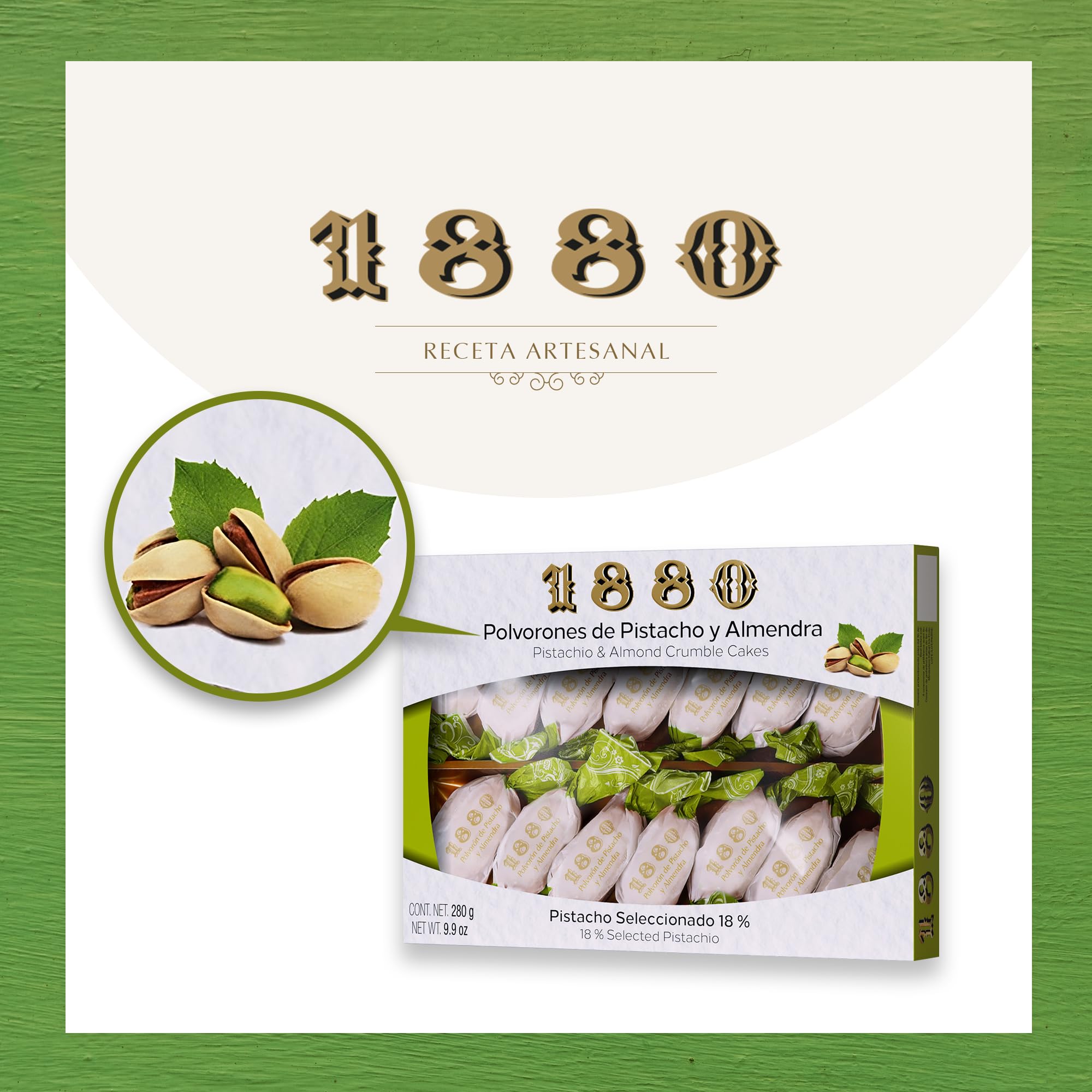 1880 - Polvorones de Pistacho y Almendra, Calidad Suprema, Típico Dulce Navideño, Receta Artesanal, Envase Individual, Polvorones Tradicionales, Elaborado con Almendras Seleccionadas, 280 Gramos