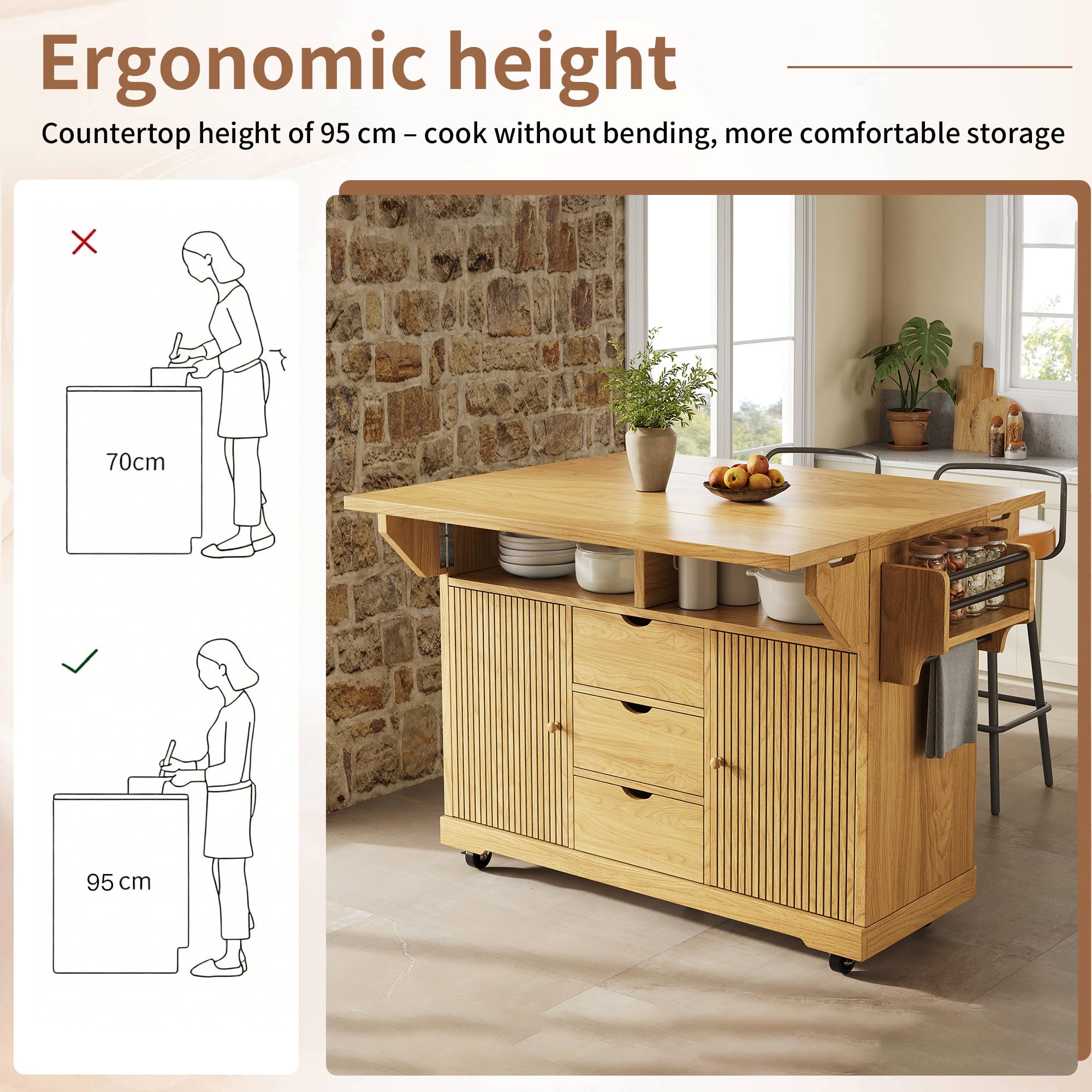 Shye Carrito para servir con extensión de mesa plegable, 95 cm de altura ergonómica, cajones, encimera, ruedas con bloqueo, color marrón