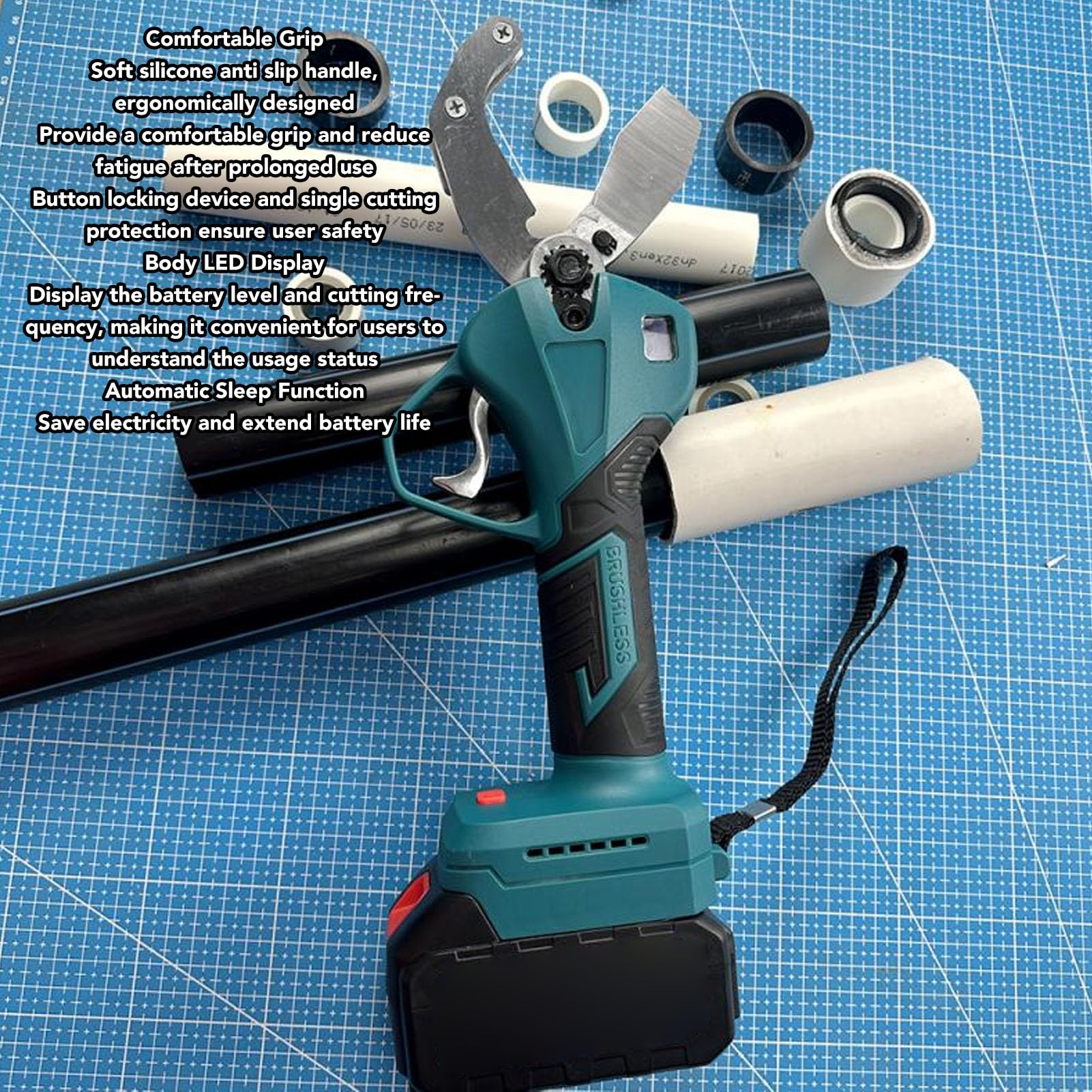 Cortador de Tubos Inalámbrico, Cortador de PVC Eléctrico de Alta Resistencia, Cizalla de Tubos de PVC Ajustable para PVC, PPR, PE, PEX, Mangueras de Plástico y Tuberías de