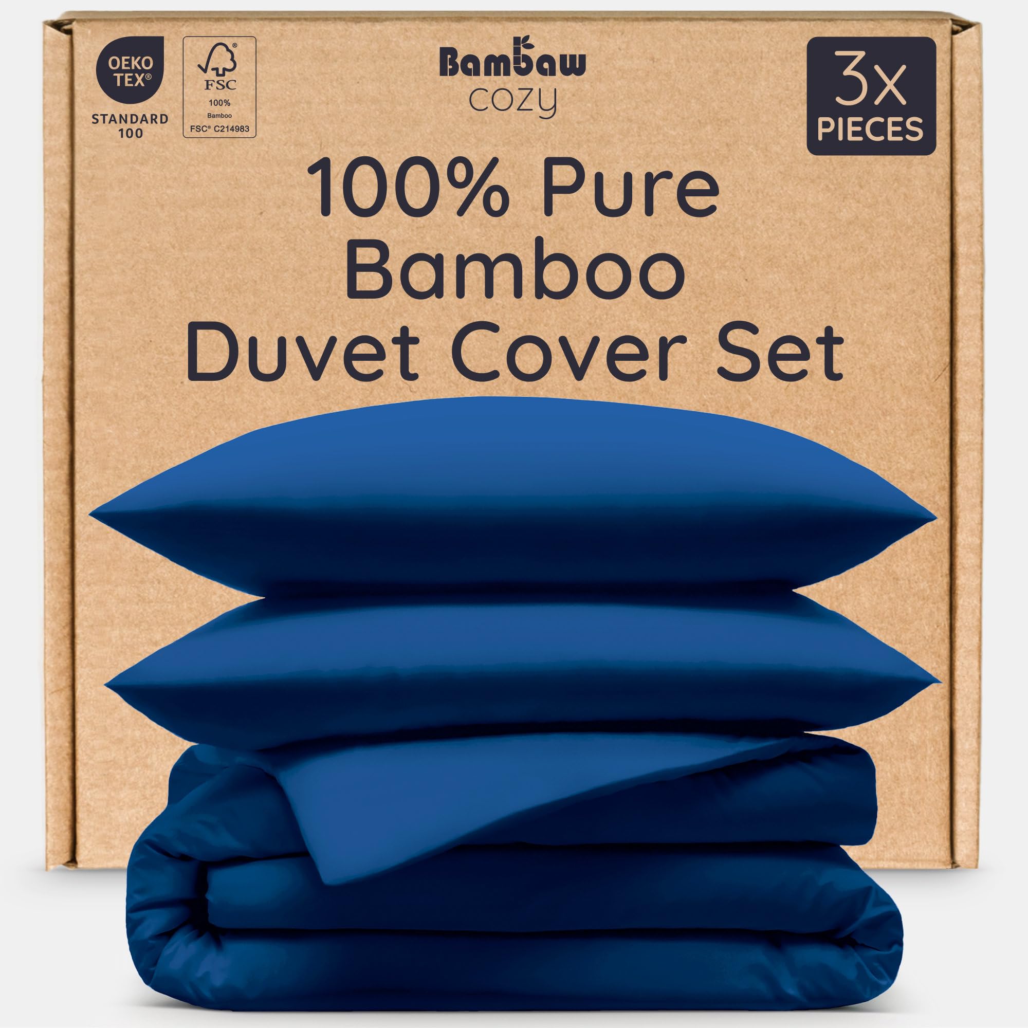 Bambaw King Size Duvet Cover Set, 3-Piece Bamboo Bedding King Size Set (240 x 220 cm) with 2 Matching Standard Cooling Pillowcases (50 x 75 cm), Suitable for People with Allergies (Navy Blue)