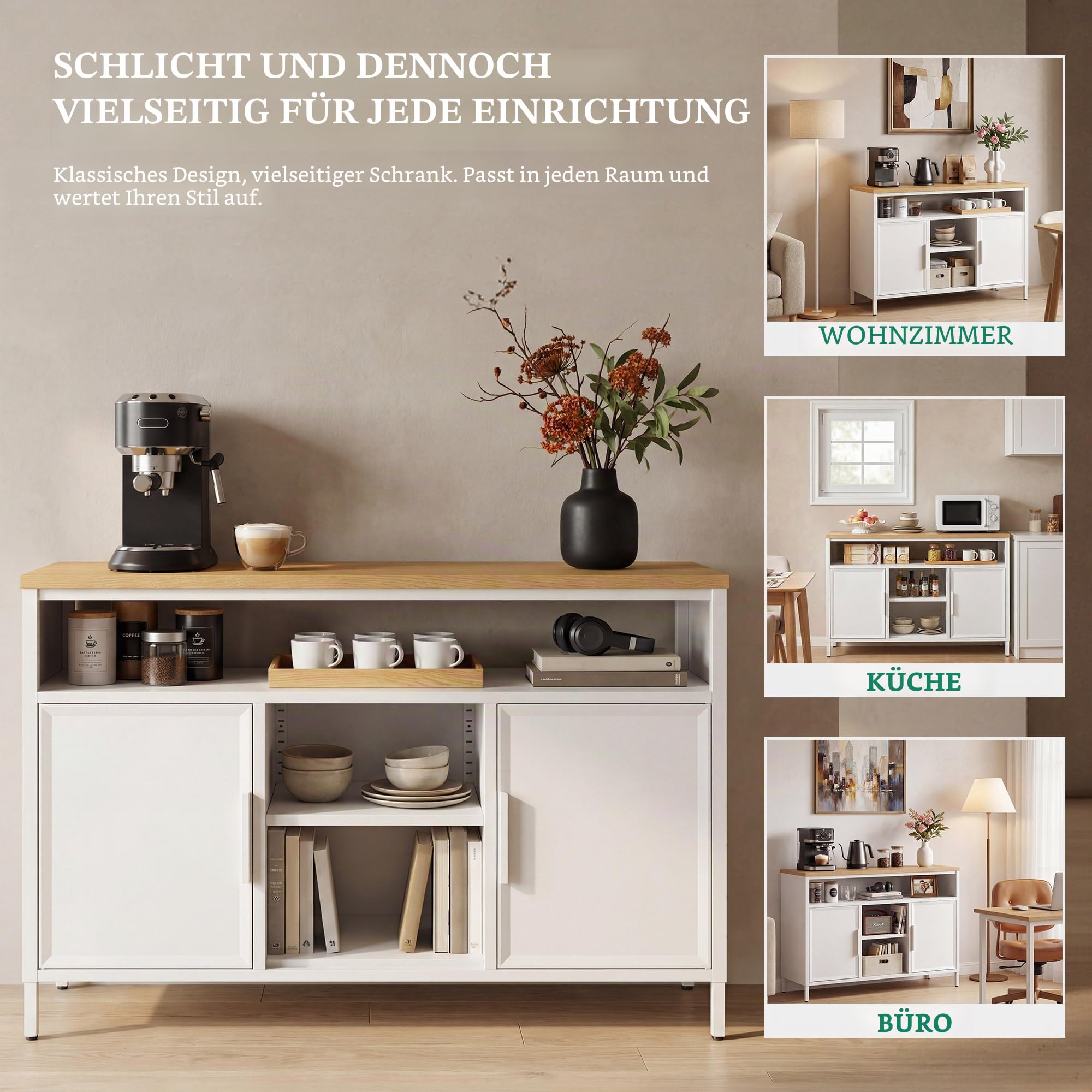 YITAHOME Sideboard Metallschrank, Küchenschrank Doppeltür, 108 cm, Weiß