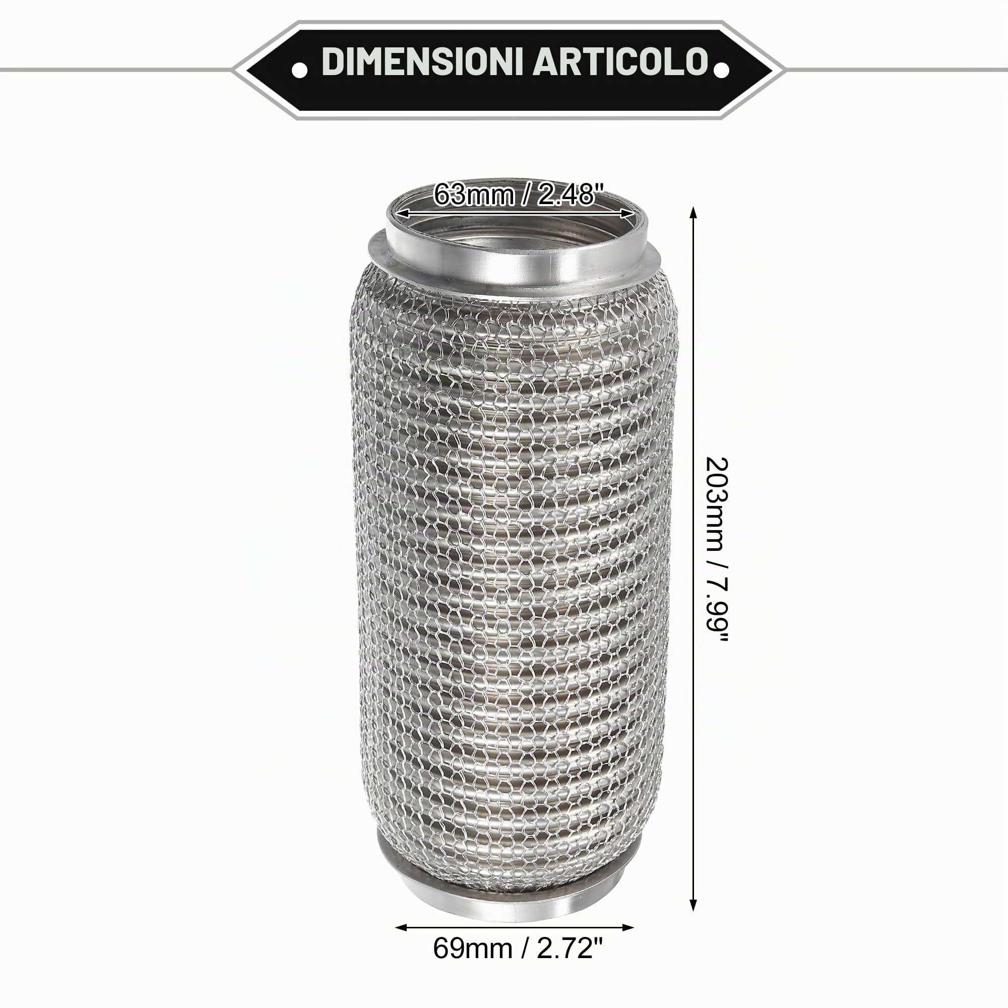A ABSOPRO Auto Scarico Flessibile Tubo 1pc Universale Inossidabile | Argento, 63mmx203mm, Esterno 69mm, Universale Per Auto, Saldatura, Isolamento Rumore, Riduzione Vibrazioni, Non Per SUV