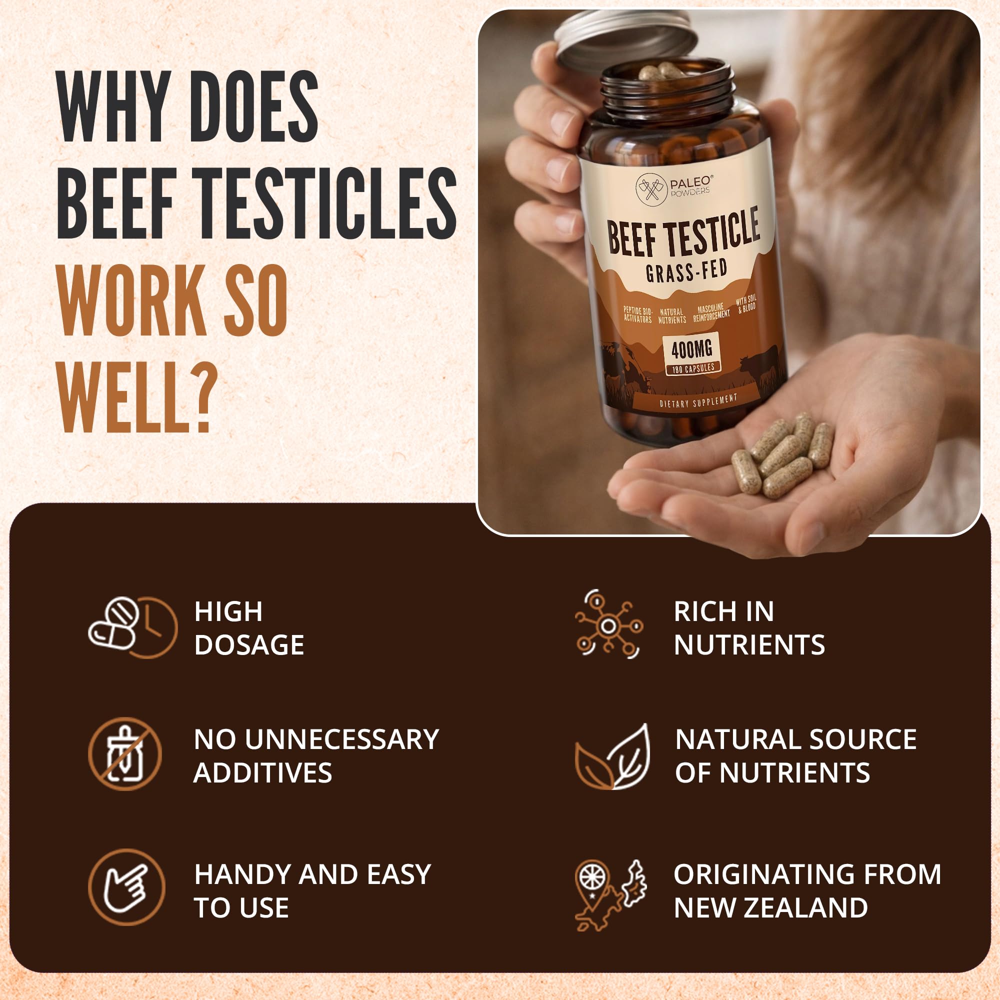 Beef Testicle Kapseln Grass-Fed – 400 mg pro Kapsel – Gefriergetrocknete Rinderhoden – 180 Kapseln – Grasgefüttertes Rind aus Neuseeland