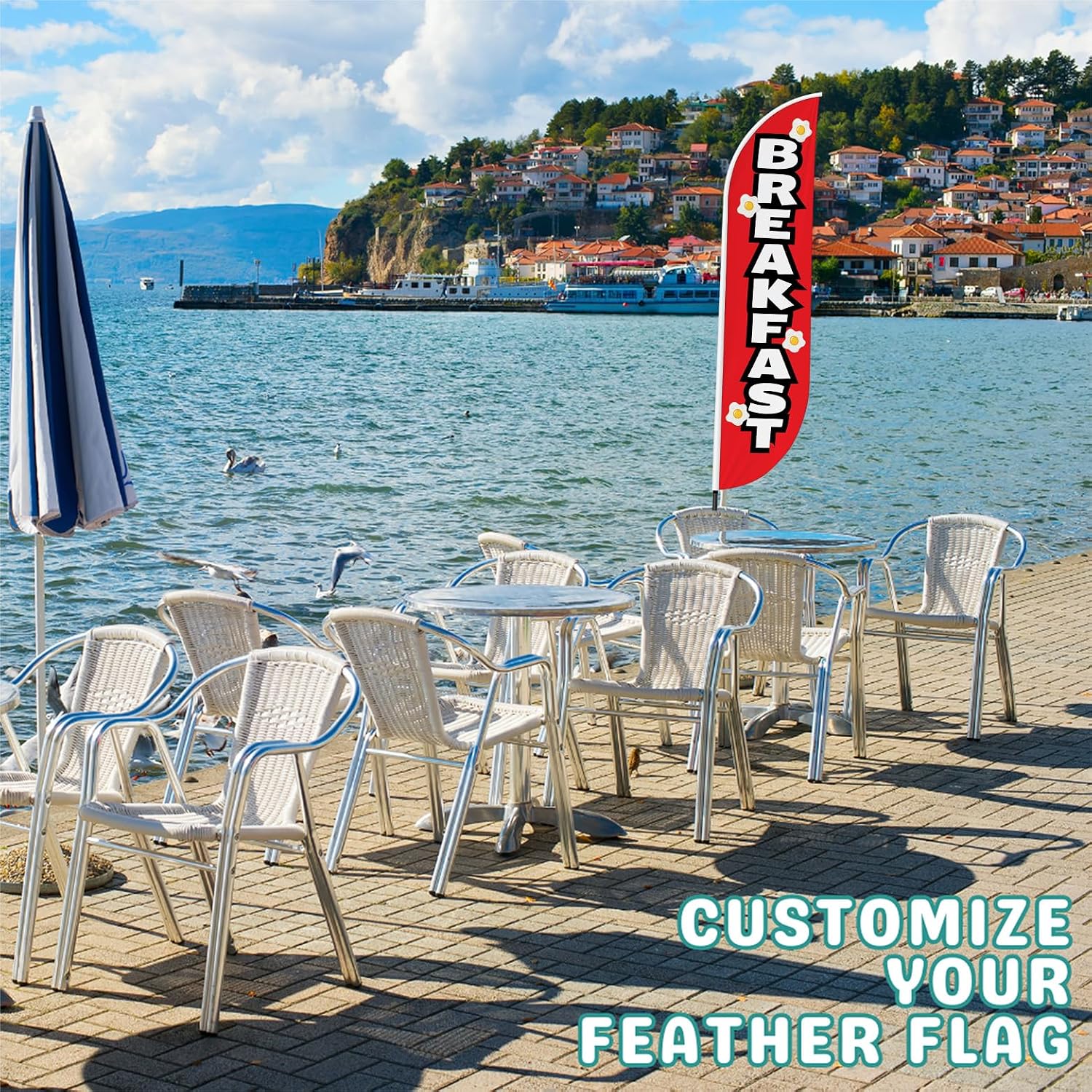Breakfast Sign feather flag Pole kit for Outdoor by BCB Print | 11 FEET Long Polyester Outdoor Banner Flag Pole Mount for Easy Hang | HD Print Swooper Flags to Advertise | Made in USA