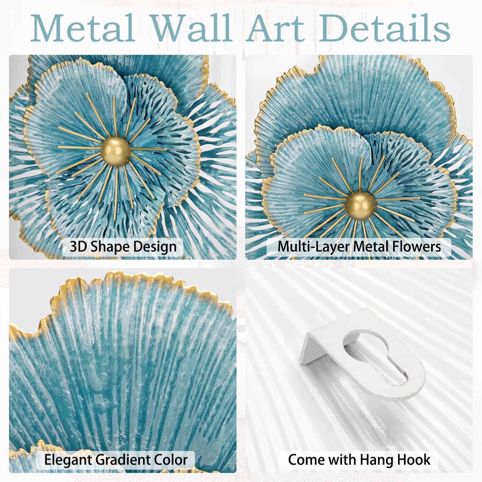 3er-Set Wandskulpturen Wandblume aus Metall Magnolie Wandschmuck Dekorationen 3D Metallbilder Modernes Antik-Finish für Haus Wohnzimmer Esszimmer Schlafzimmer Küche Korridor