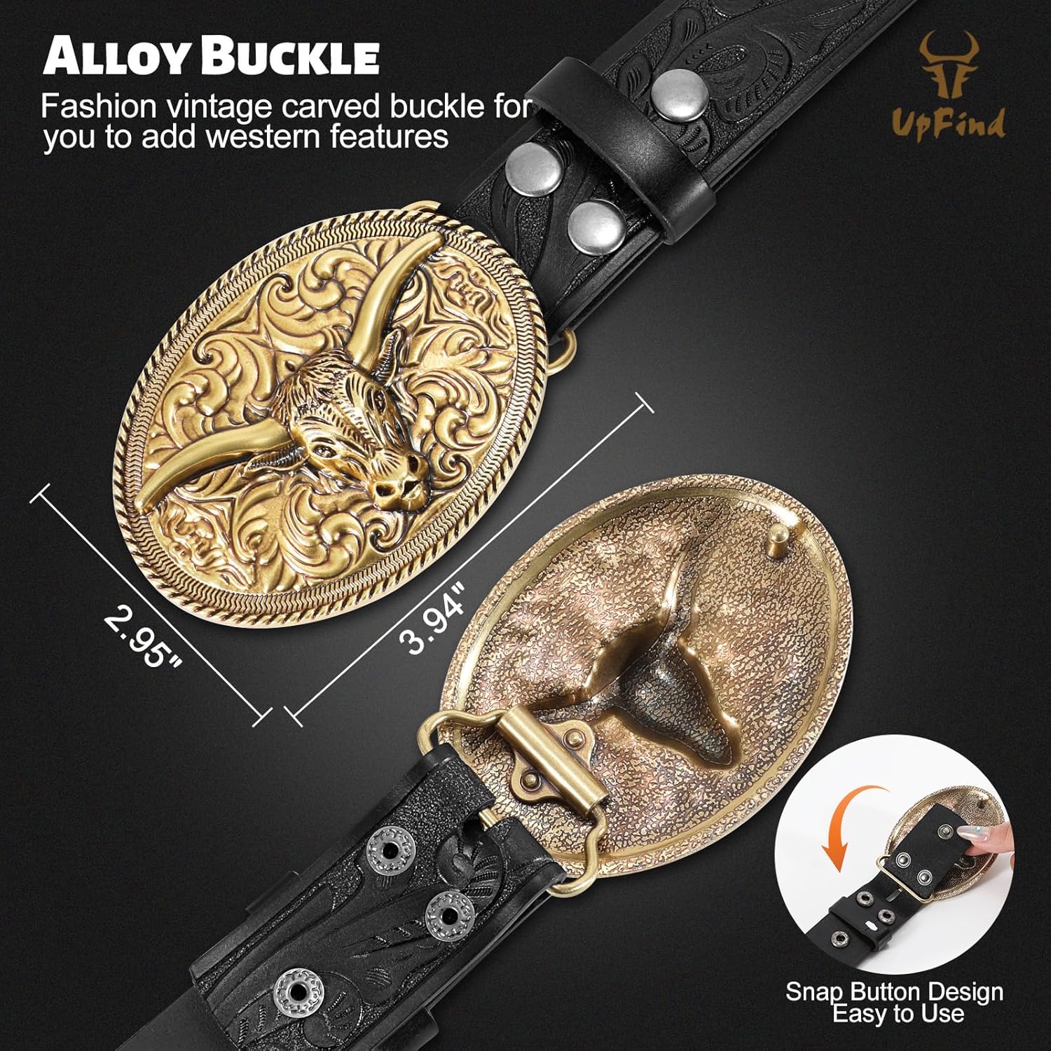 Western Leather Belt with Antique Gold Longhorn Buckle Vintage Engraved Cowgirl Cowboy Rodeo Belt for Women Men Jeans - Image 4