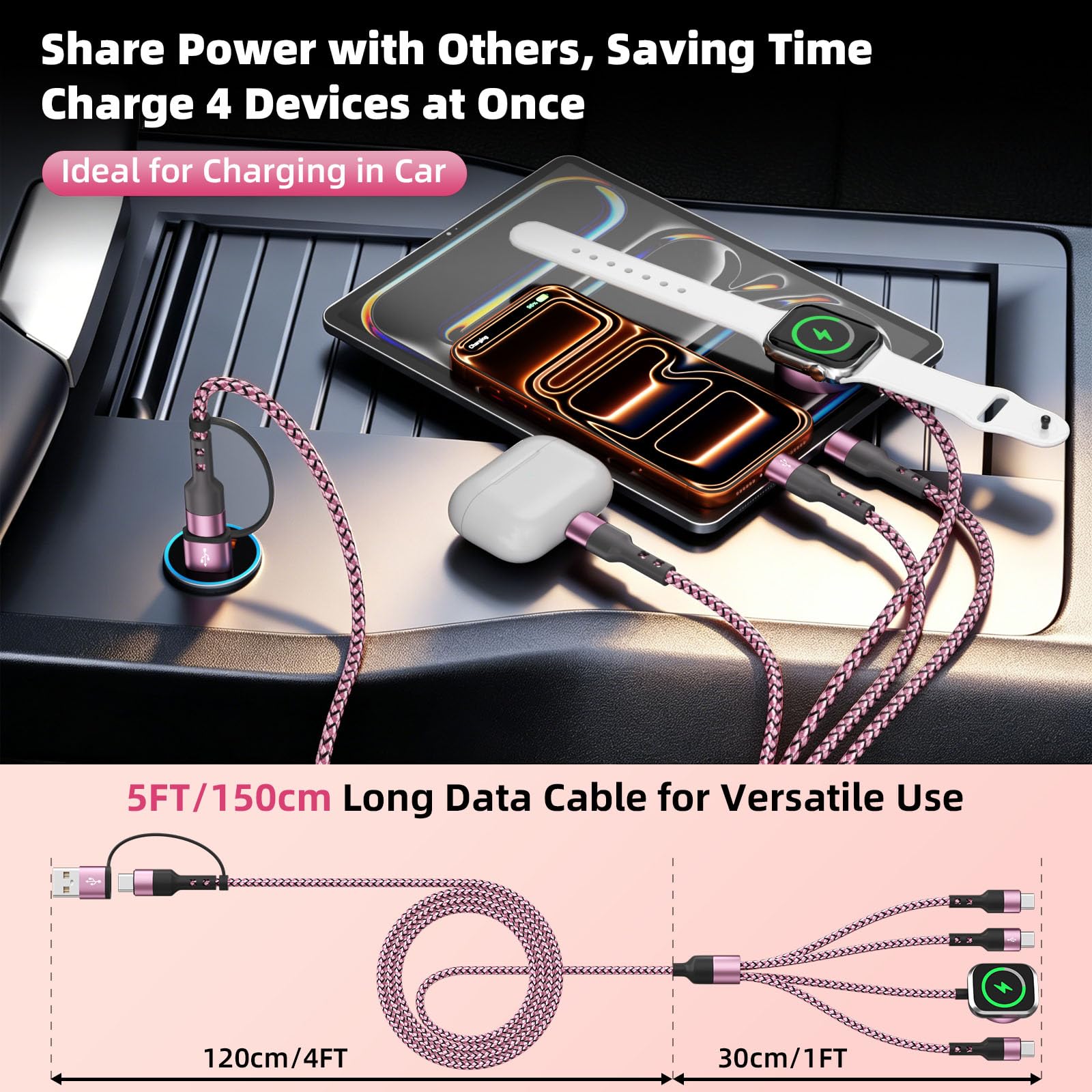 Cavo di ricarica 3 tipo C 4 in 2 per caricabatterie iWatch per telefono, cavo di ricarica multi USB C, accessori da viaggio USB C Splitter Multi cavo di ricarica per iWatch Ultra/SE/11-1, iPhone17 16