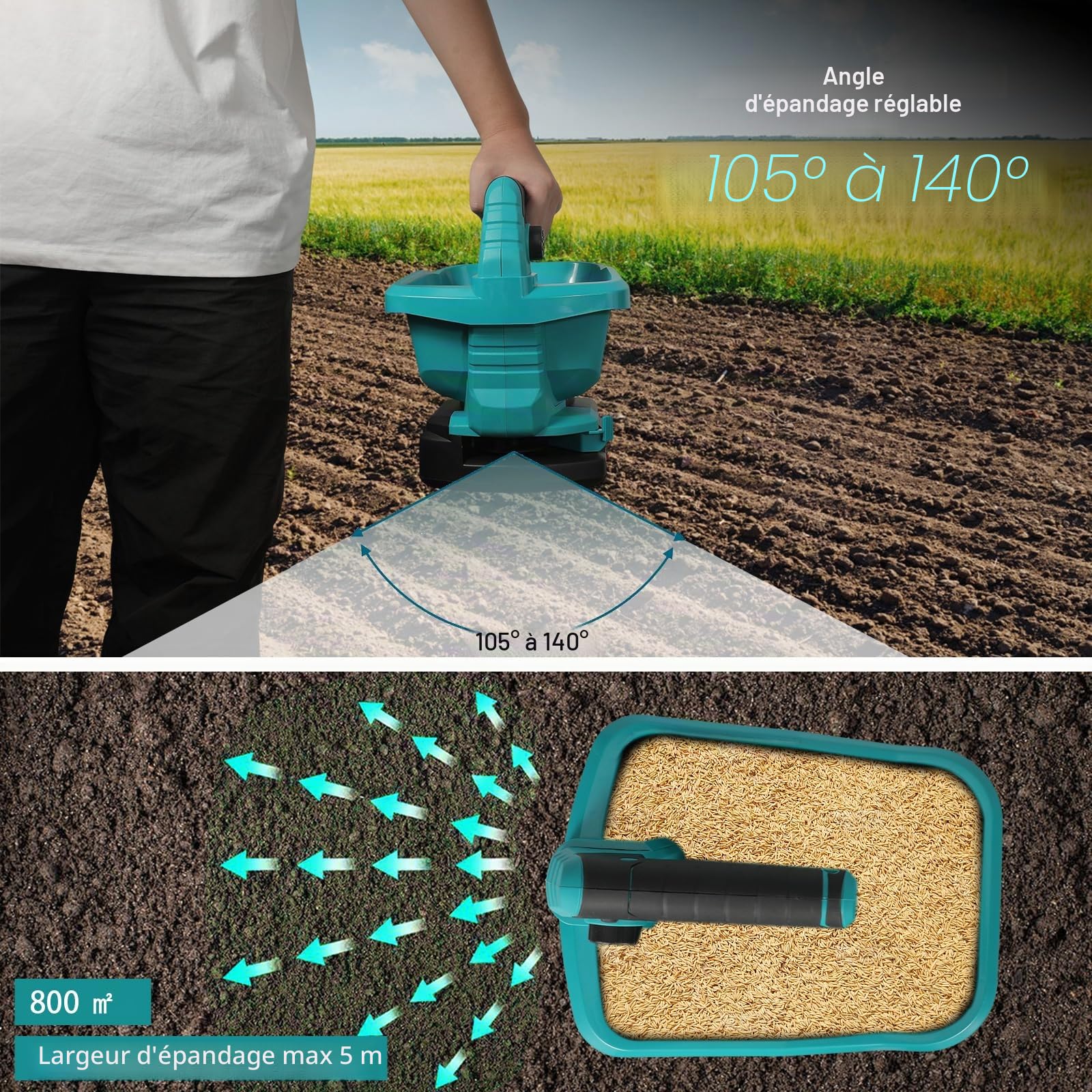 JOPWUE Épandeur Portable sans Fil,pour Batterie Ma-Kita~ 18 V,avec Réglage de Vitesse Rotation à 6 Niveaux,Régulateur 8 Positions, 3.3L,pour Fertiliser, Semer, Saupoudrer de Sel,sans Batterie (Bleu)