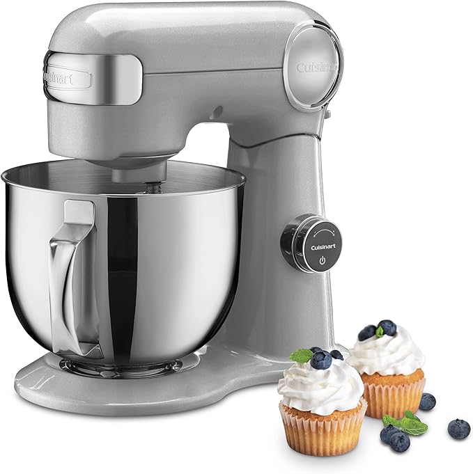 Cuisinart Stand Mixer, 12 Speeds, 5.5-Quart Mixing Bowl, Chef's Whisk, Flat Mixing Paddle, Dough Hook, and Splash Guard with Pour Spout, Silver Lining, SM-50BC, Silver Lining