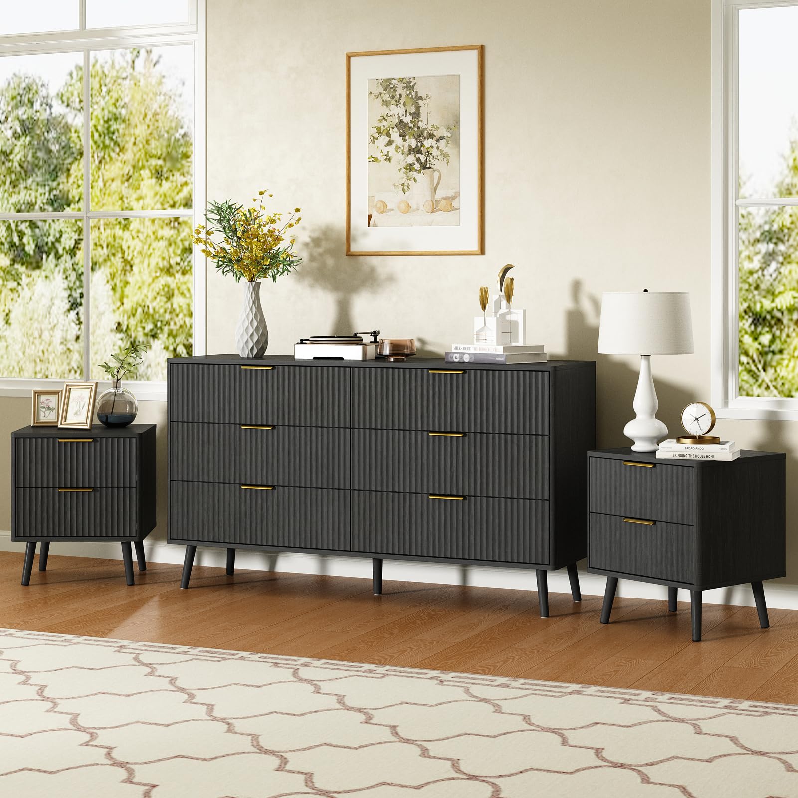 Amazon.com: CARPETNAL Fluted Dresser and Nightstand Sets for Bedroom, 3 Pcs Bedroom Set, 6-Drawer Dresser & 2-Drawer Nightstand Set of 2, Modern Wood Chest of Drawers for Living Room, Entryway, Black : Amazon.com: CARPETNAL Fluted Dresser and Nightstand Sets for Bedroom, 3 Pcs Bedroom Set, 6-Drawer Dresser & 2-Drawer Nightstand Set of 2, Modern Wood Chest of Drawers for Living Room, Entryway, Black :