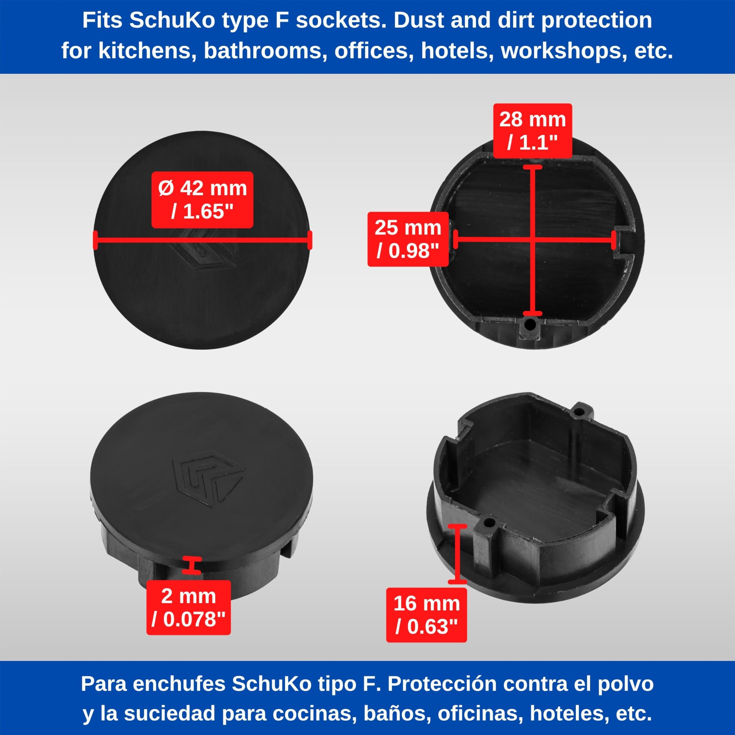 Osłona gniazdek wtykowych, 16 sztuk, czarna, ochrona przed kurzem, wodą rozbryzgową, do gniazd SchuKo typu F, pokrywa do listwy zasilającej, wielu gniazd, bębna kablowego, kuchni, warsztatu, hotelu