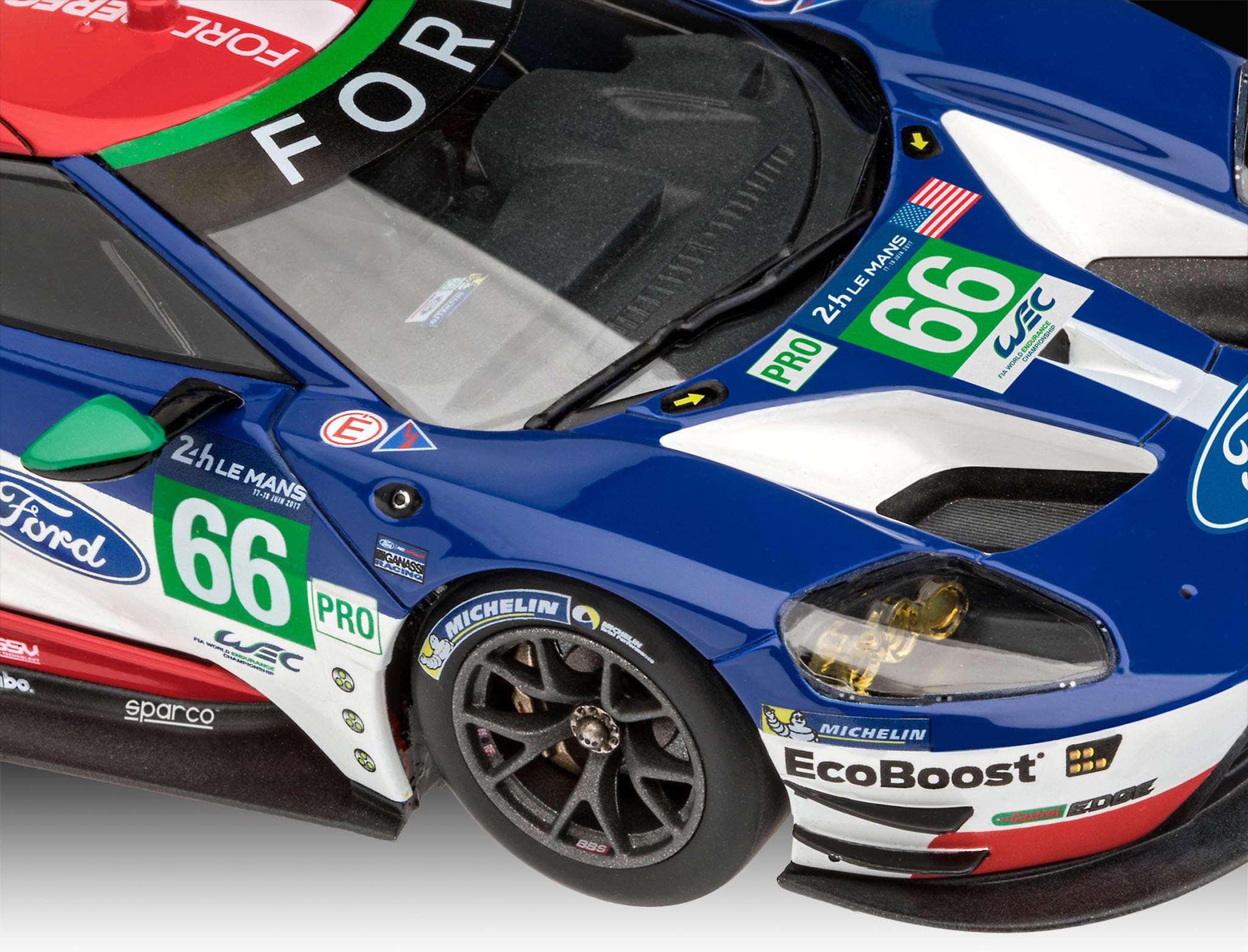Revell REV-67041 Model Set Ford GT Le Mans 2017 do samodzielnego montażu, zestaw modeli samochodowych 1:24, 20,4 cm zestaw modelarski + akcesoria, nielakierowane