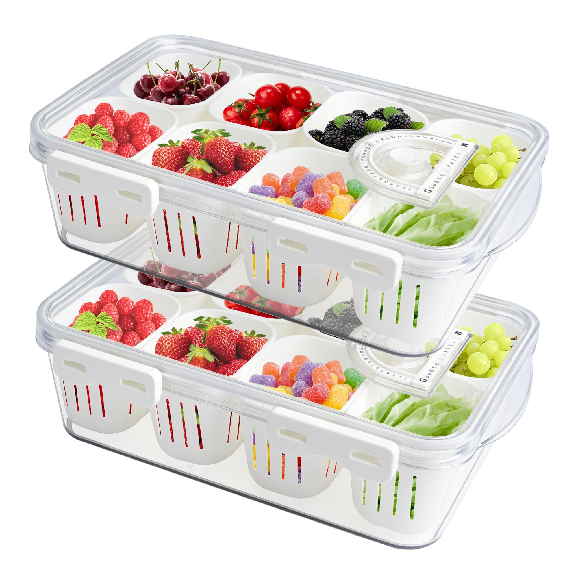 MANO Divided Snackle Box Charcuterie Container with 8 Compartment Serving Tray with Dividers for Fridge Refrigerator Veggie Fruit Berry Salad Storage(2 Pack)