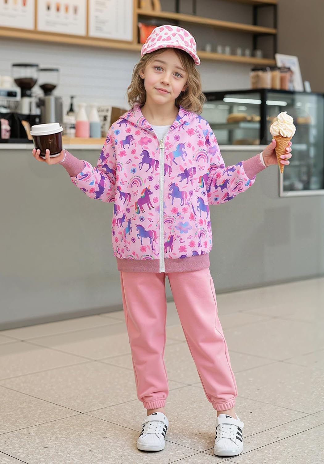 Frogwill Girls Zip Up Hoodie Sweatshirt Toddler Tween Kids Graphic Jackets Rainbow Unicorn Floral Printed