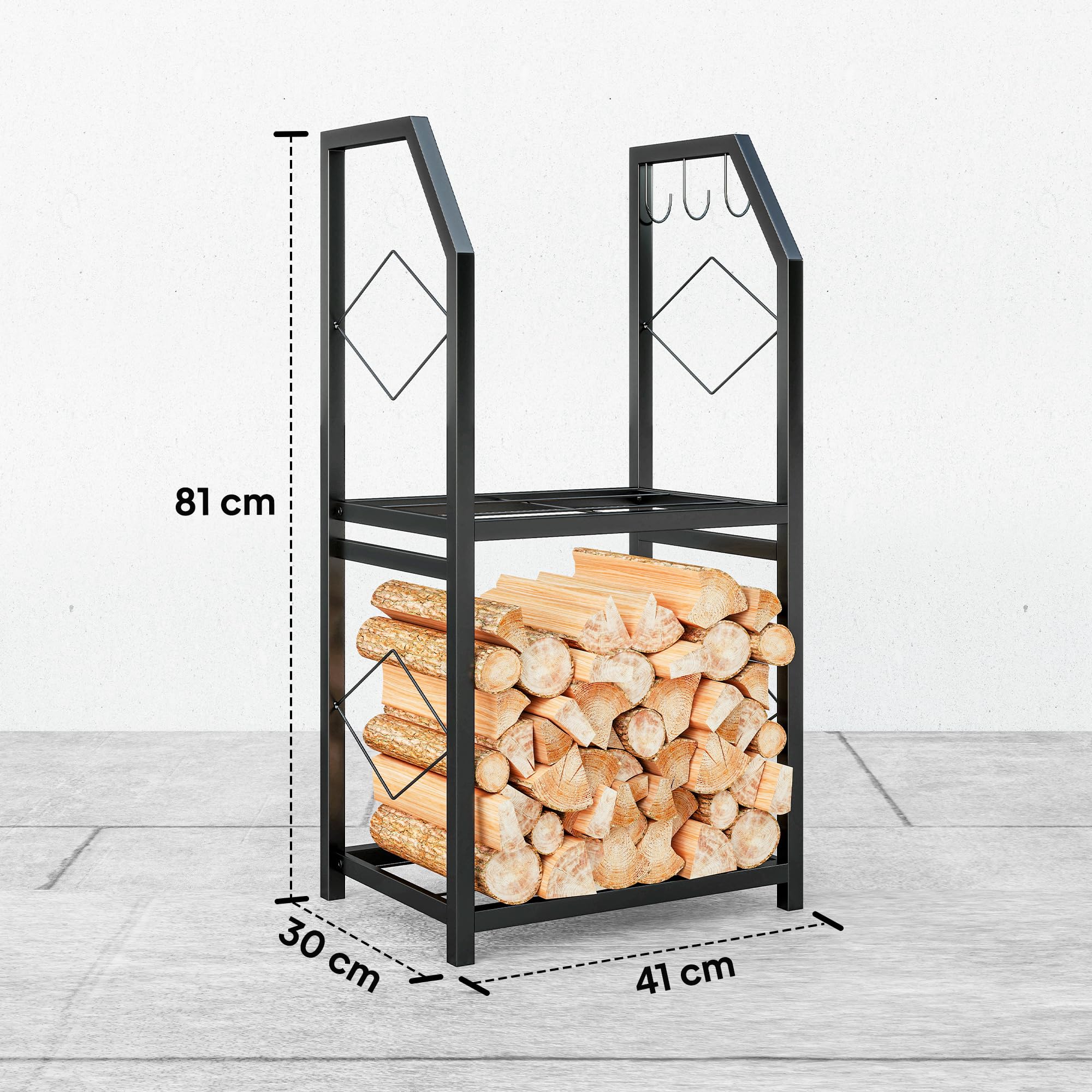 Outsunny Porta Legna in Metallo 2 Livelli 3 Ganci 100kg 41x30x81 cm Nero