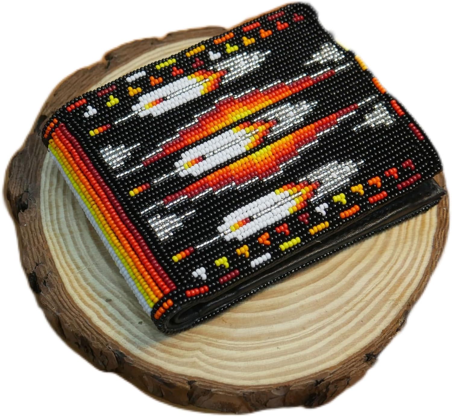 Handmade Beaded Leather Wallet, Native American Style Seed beads Bifold wallet (Black Feather)