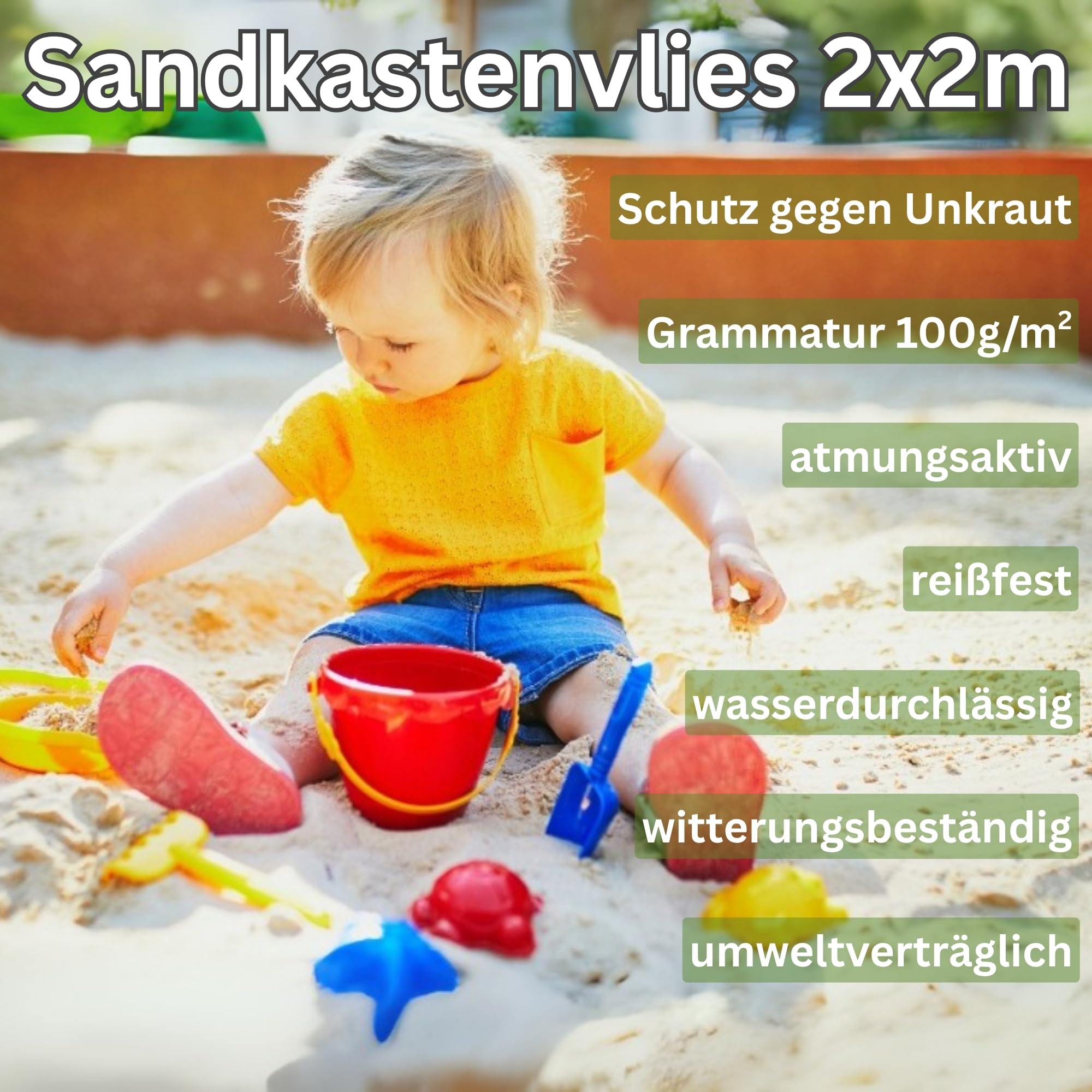 Włóknina do piaskownicy, 2 x 2 m, włóknina przeciw chwastom dla dzieci, do piaskownicy, przepuszczająca wodę, odporna na rozerwanie, przyjazna dla środowiska