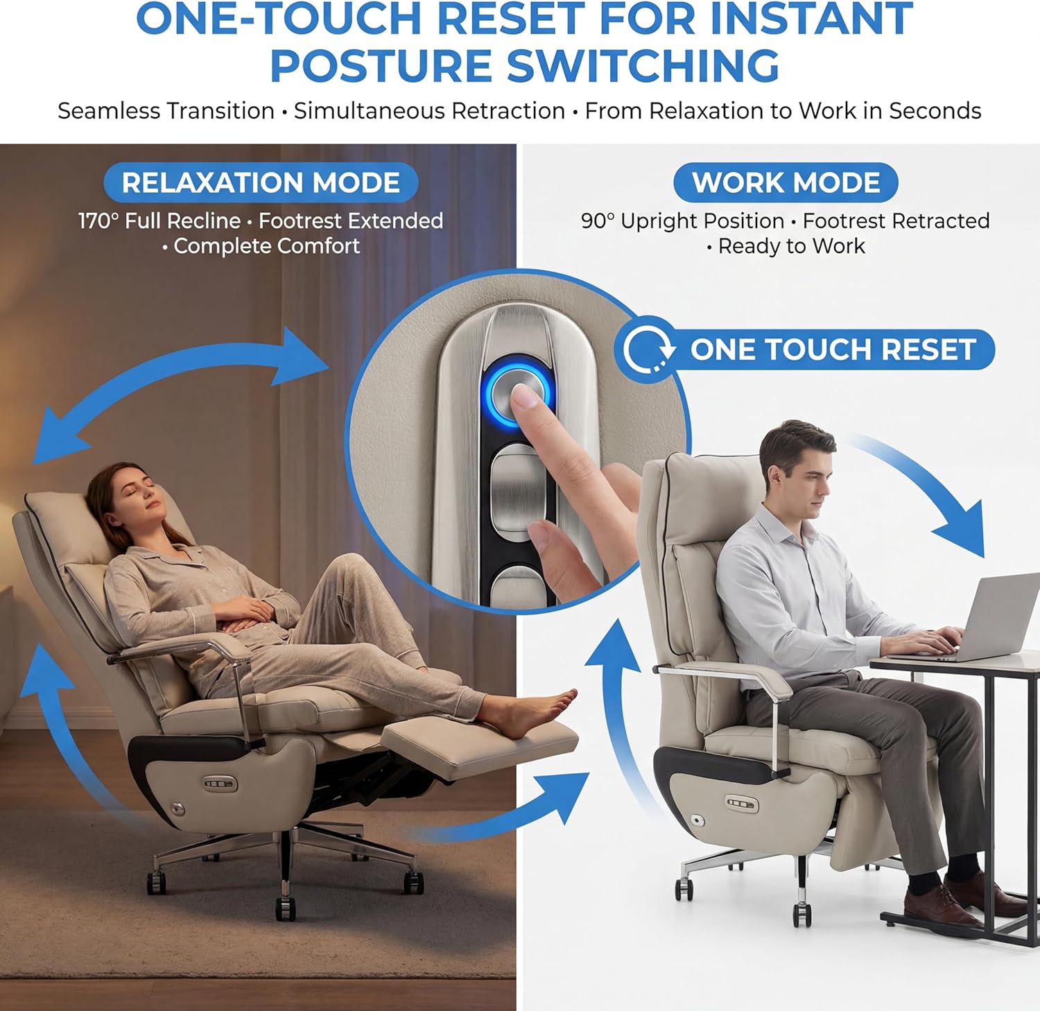 Dual Motor Executive Home Reclining Office Chair with Footrest - One-Click Electric Recline with Massage & Pillow Support Big and Tall PU Leather Ergonomic Desk Chair, High Back Wide Seat (White) - Image 4