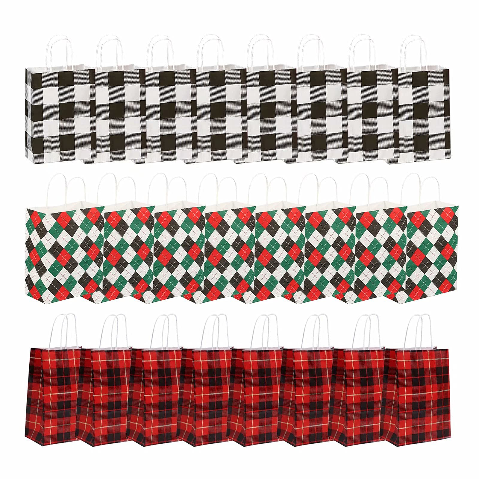 hefeilzmy 24 Pieces Buffalo Plaid Paper Bags with Handle Red and Black Plaid Kraft Paper Gift Bags Christmas Bags Gingham Paper Bags Favors Bags for