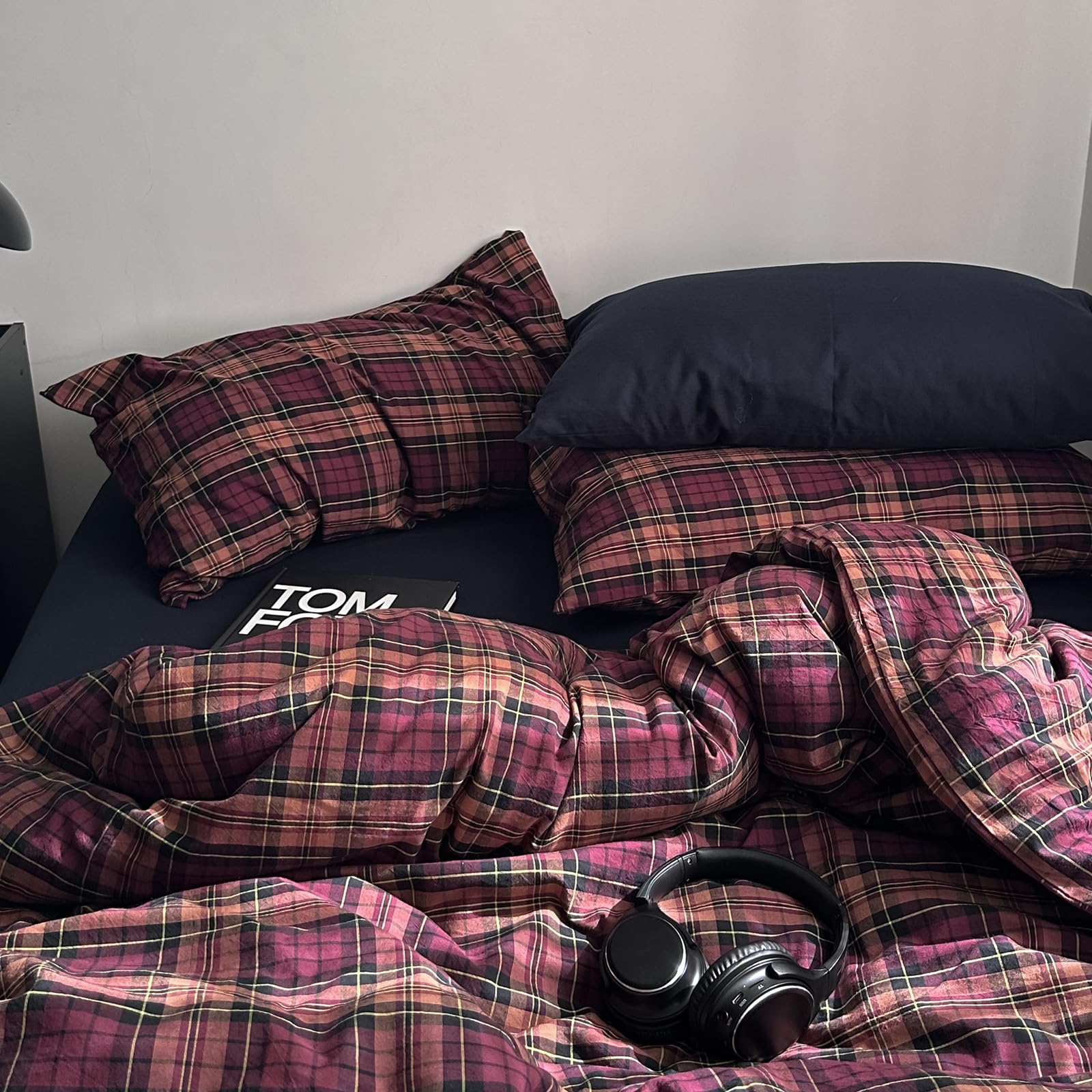 mixinni Vintage Burgundy Buffalo Plaid Comforter Cover Set Twin Size - 3 Piece Mid-Century Modern Washed Cotton Bedding, Soft Breathable Grid Duvet Cover with Matching Pillowcases for All-Season