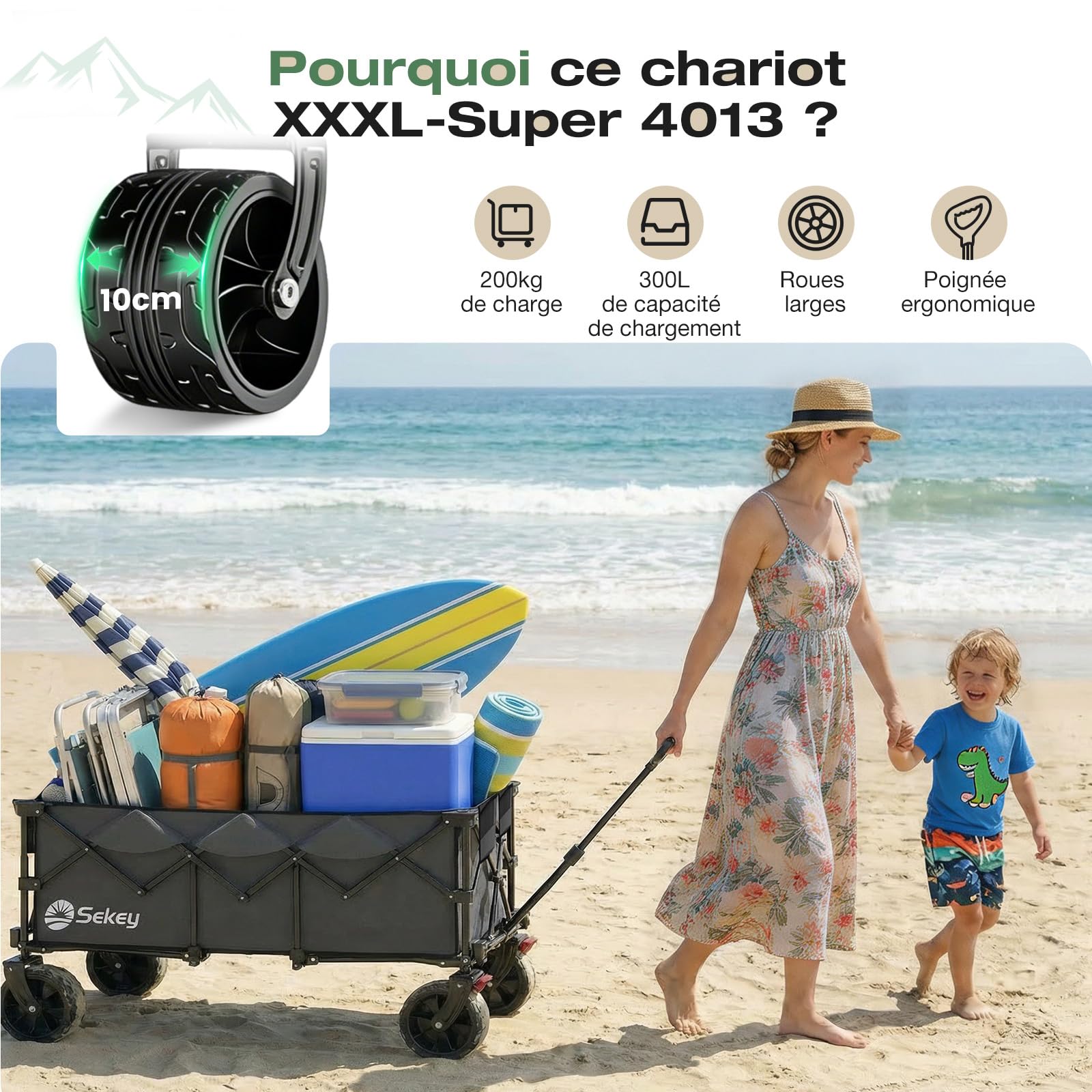 Sekey XXXL Chariot Pliable 300L 200KG, Modèle Allongé avec Roues Tout-Terrain 17x10 cm, Breveté Mécanisme 4-en-1 Dépliage Instantané, Anthracite