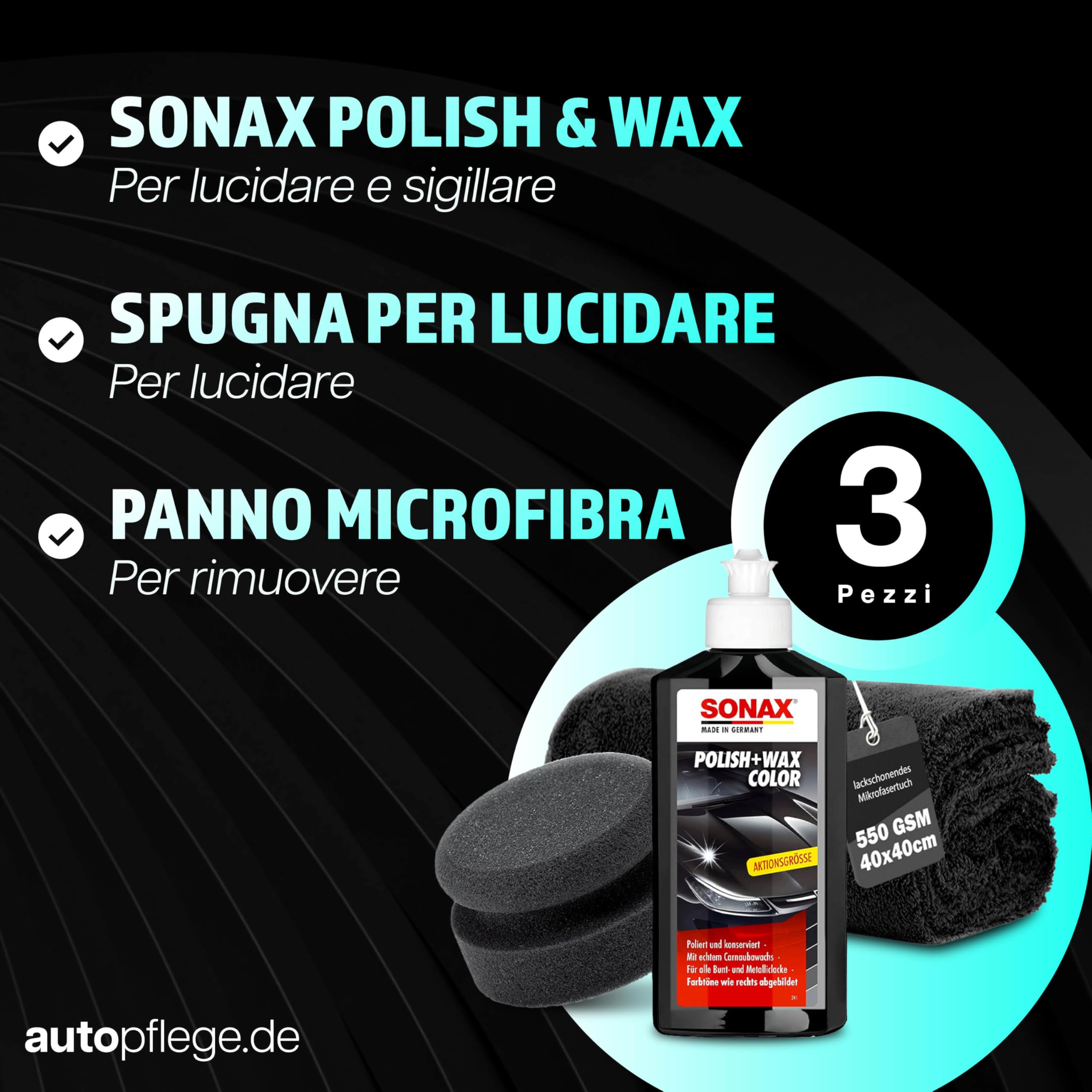 Set di lucidatura per auto | Sonax Polish & Wax Color Nero 250ml Lucidante per auto + Spugna per lucidatura + Panno lucidante | Pasta lucidante per vernici metallizzate scure per rimuovere piccoli