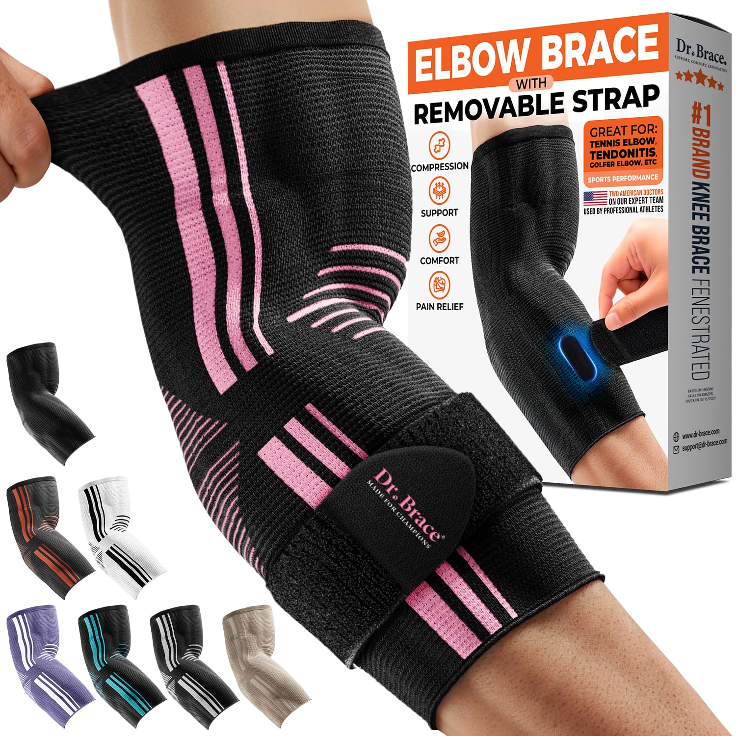 DR. BRACE® Elite Elbow Brace Support with Removable Strap for Women & Men, Pain Relief for Tendonitis, Arthritis, Golfer's & Tennis Elbow Treatment,