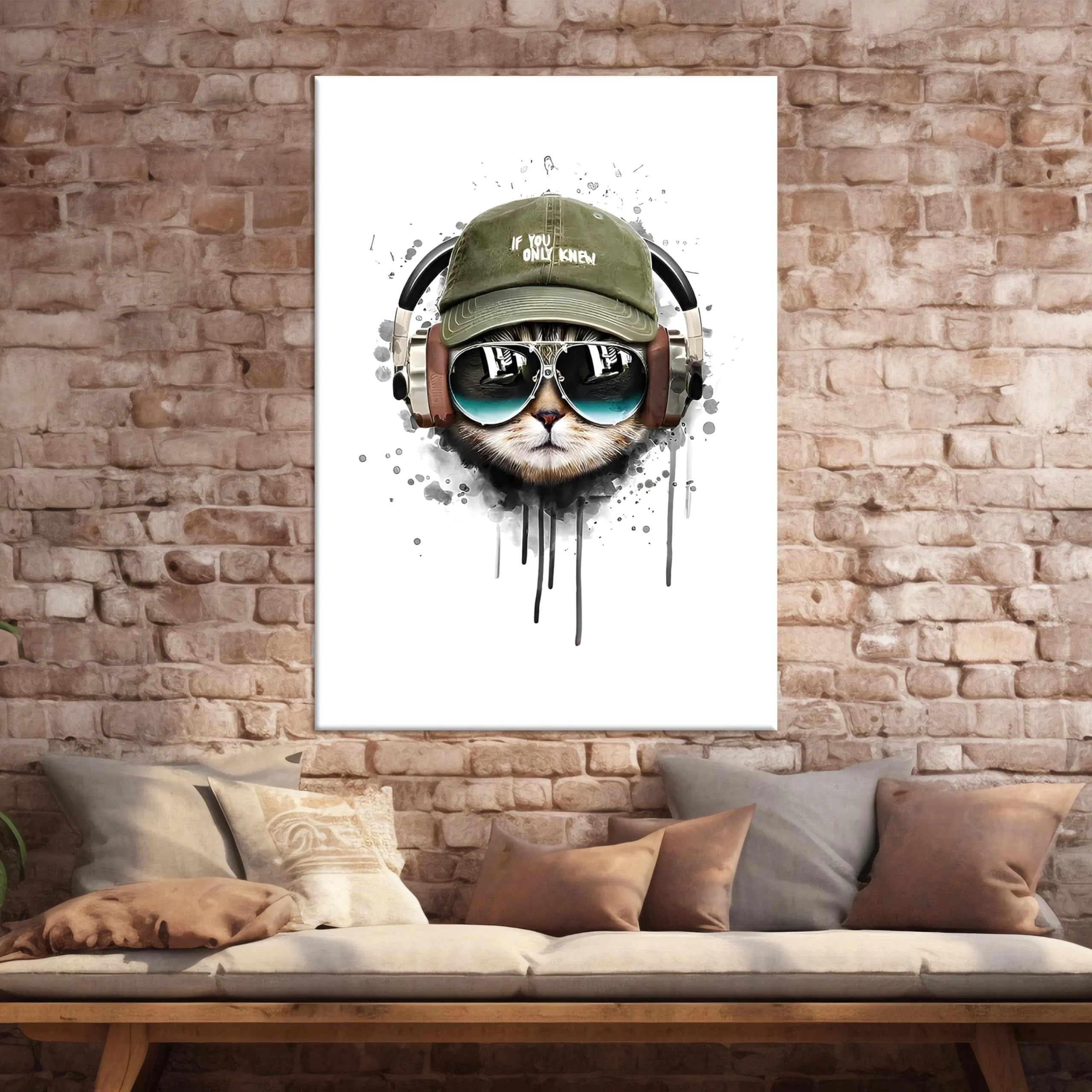 LYBCEOUG Tela divertente con gatto, arte murale hip hop, poster di animali, decorazione per la tana dell'uomo (70x90 cm/con cornice)