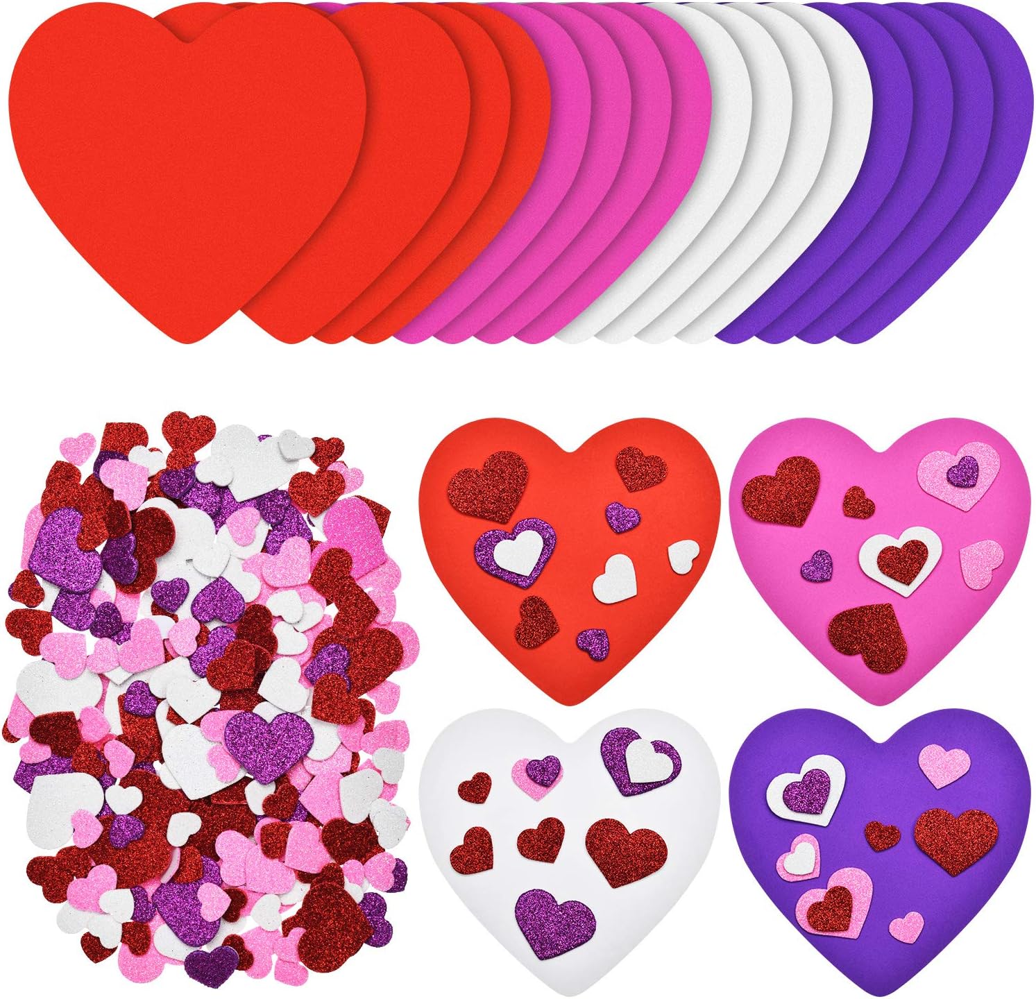WILLBOND 16 Pieces Valentines Foam Heart Foam Craft Hearts and 300 Pieces Glitter