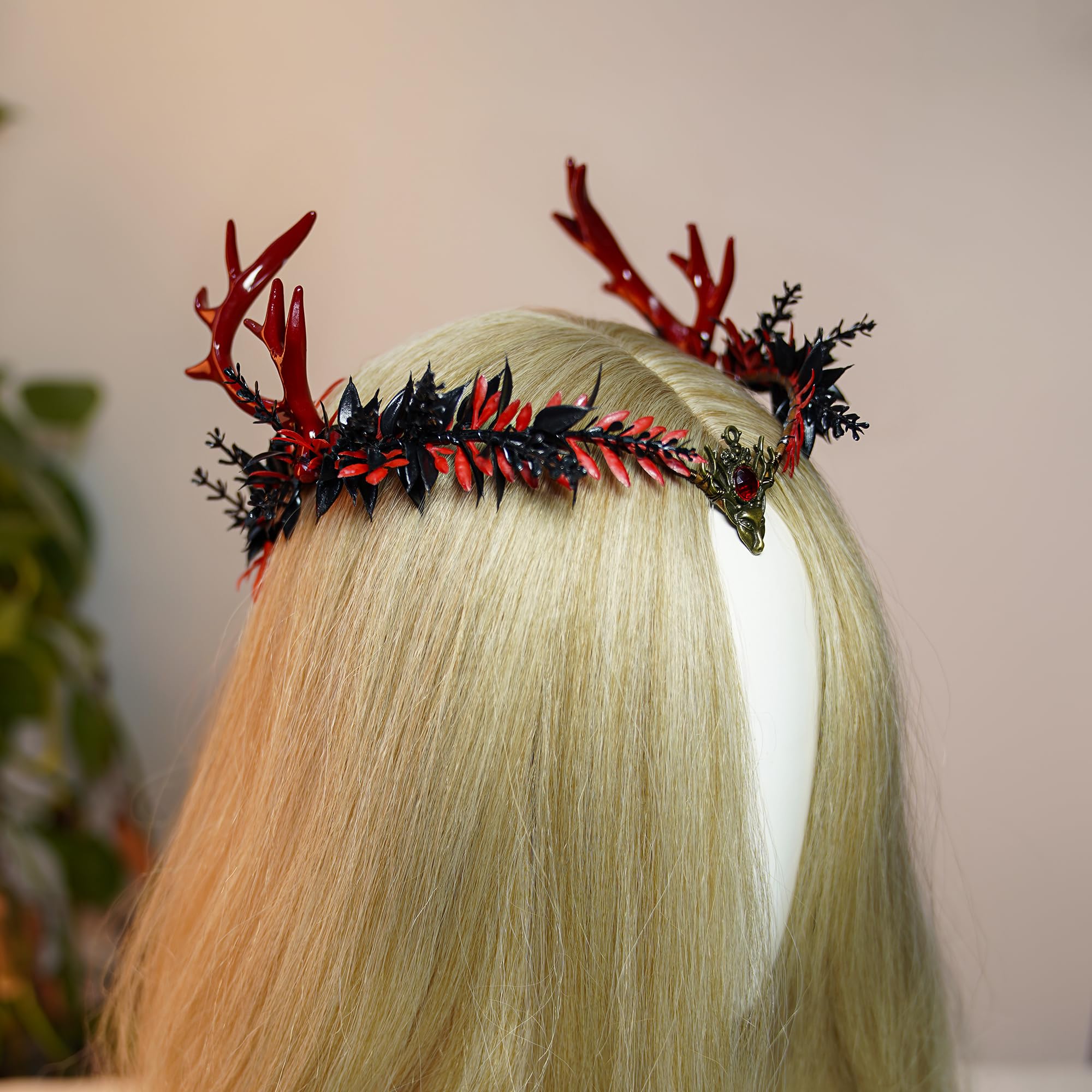 MOSTORY  Flower Antler Crown - Dark Reindeer Headpiece Gothic Elf Circlet Deer Horns Headband for Women Cosplay Renaissance Goth Wedding Renfaire Accessory: Red-black
