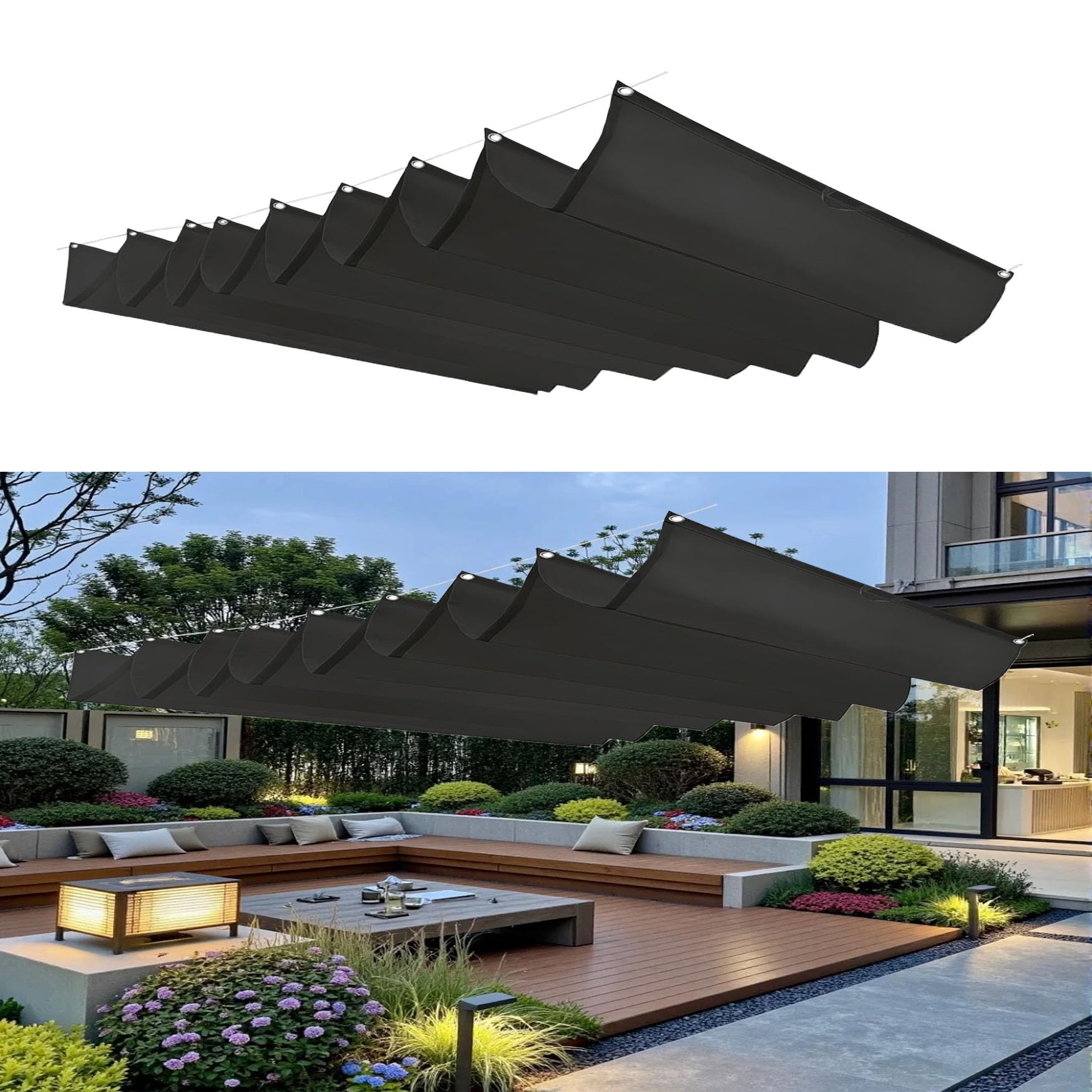 Voile d'ombrage rétractable vague 95x750 cm en toile noire pour terrasse et jardin
