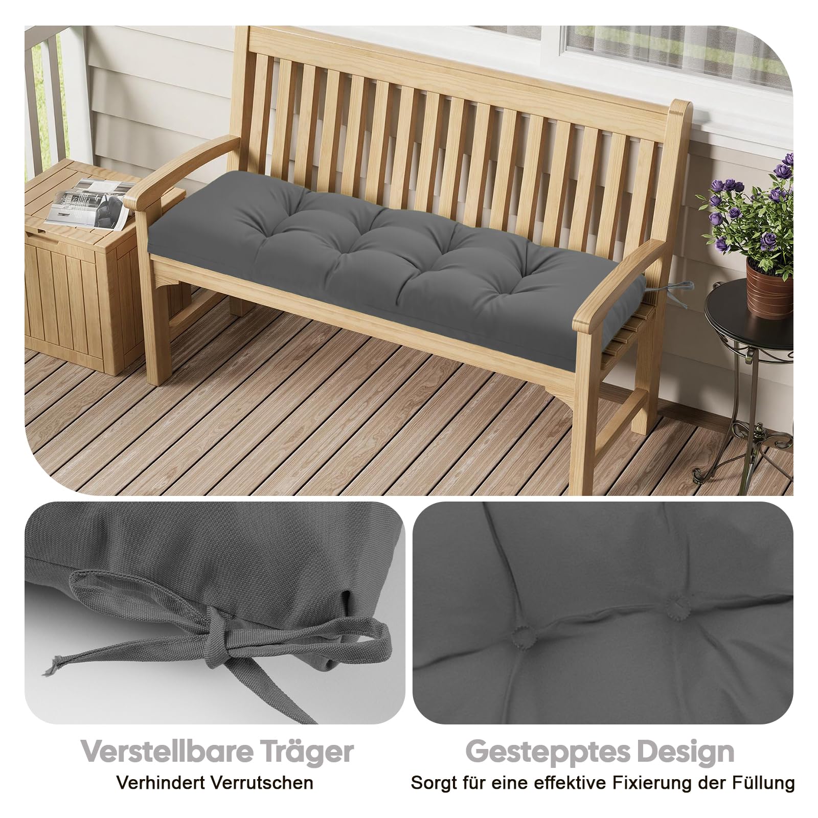 Bankauflage Outdoor, Bankkissen Wasserdicht mit Schaumstoff Gefüllt, Bindebänder und Mehrfach-Steppung, Gartenbank Auflage für Gartenmöbel, Sitzbank und Hollywoodschaukel, 120x40cm, Grau