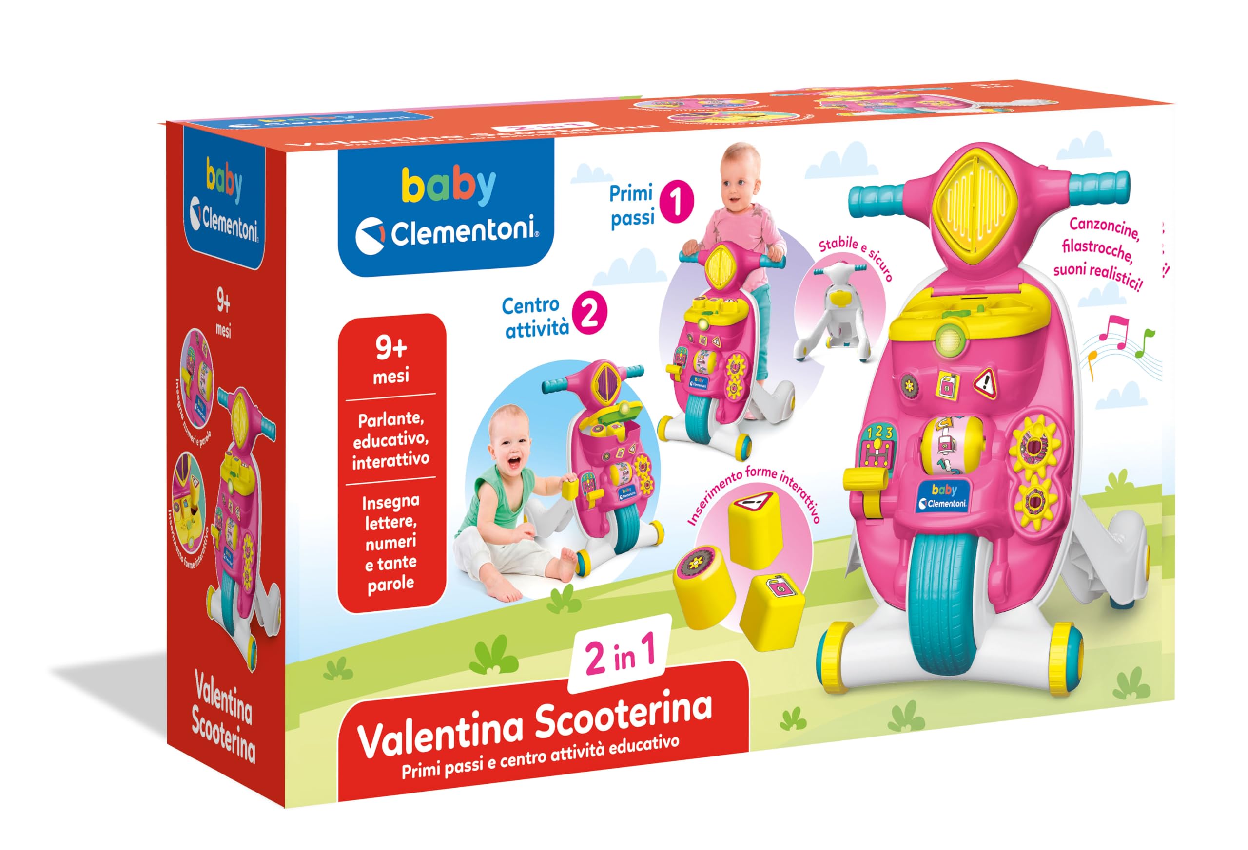 Baby Clementoni - Valentina Scooterina 2 in 1, Moto Bambini Spingibile Primi Passi 9+ Mesi, Centro attività Prima Infanzia per Imparare Lettere, Numeri e Parole, Made in Italy, Lingua Italiana, 17853