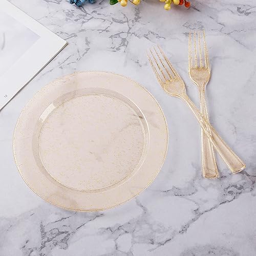 Miniatura 8 de Goodluck 240 platos cuadrados de purpurina dorada con tenedores de plástico, platos de postre dorados para 120 invitados, platos desechables