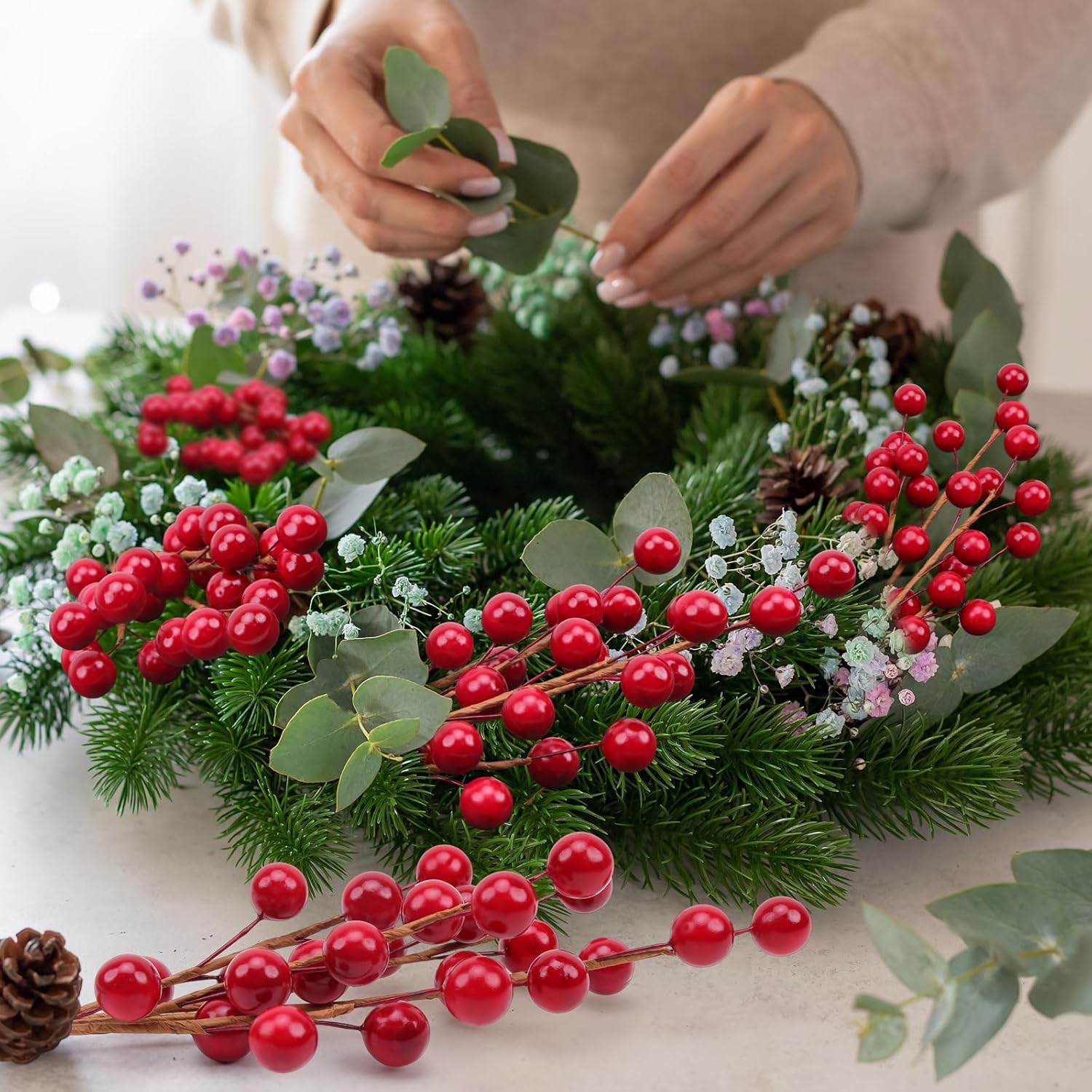 Woration10pcs Artificial Berries Picks Fake Red Holly Stems Branches for Christmas Faux Berry Floral Arrangements Ornaments Wreath Crafts Wedding Holiday Home - 14inch
