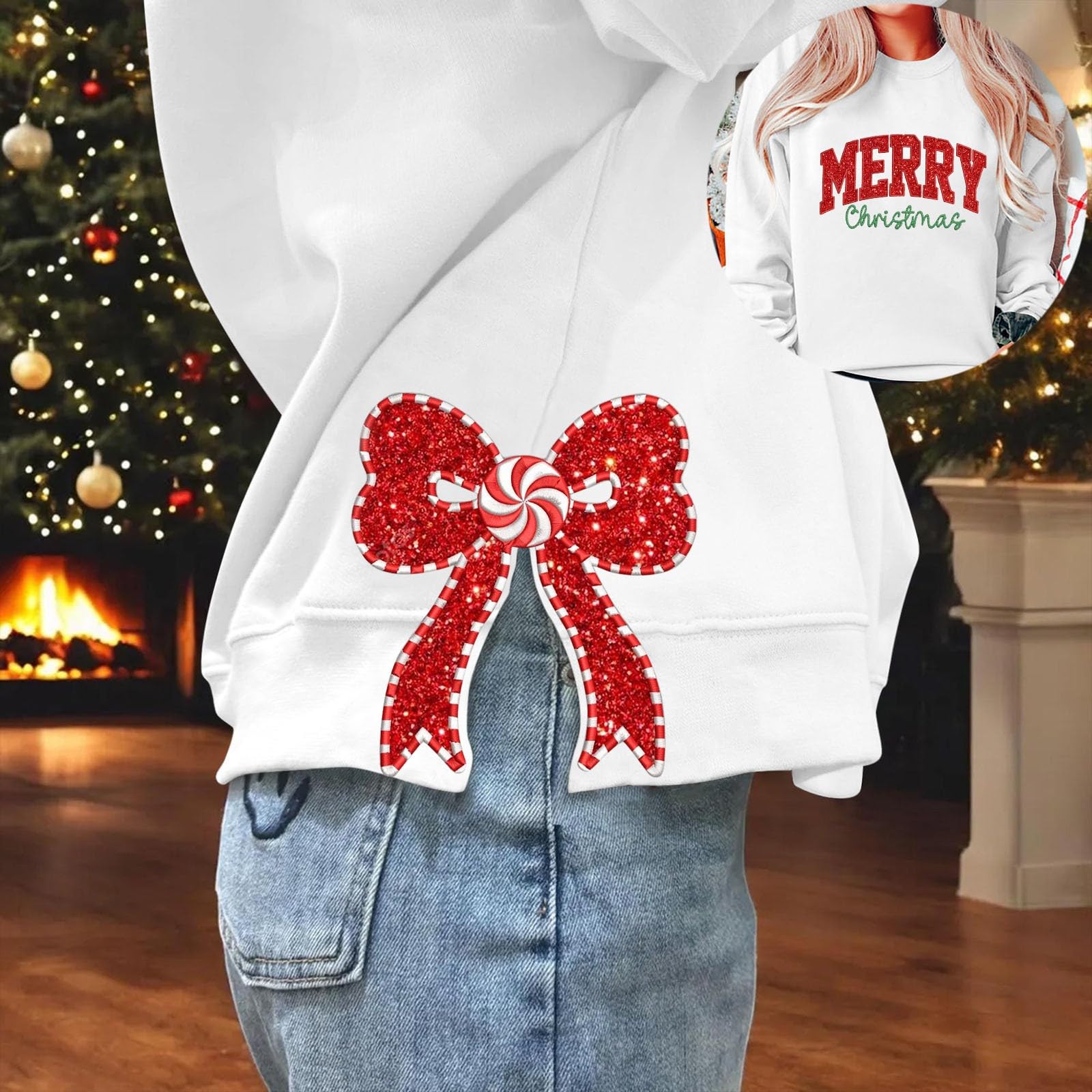 Genérico Sudadera Navidad Mujer Divertida,Sudadera Navideña Femenina Elegante con Detalle de Lateral Prendas de Talla Grande Jerséi de Cuello Redondo y Mangas Largas Confort Invierno