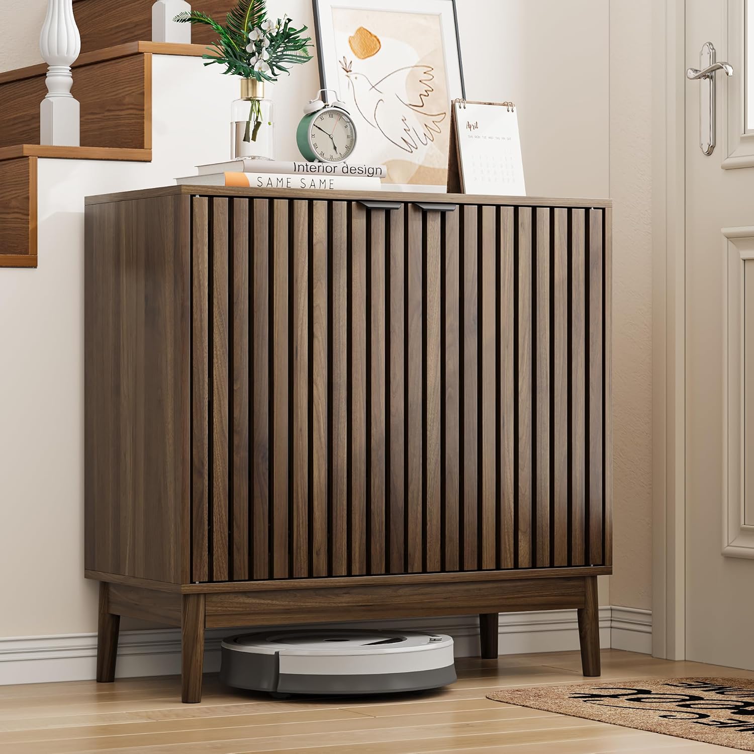 Shoe Cabinet with Slatted Doors, 4-Tier Freestanding Shoe Cabinet Storage for Entryway, Narrow Entryway Shoe Organizer Cabinets with Shelves (Walnut, 31.5" Wide)