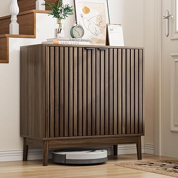 Shoe Cabinet with Slatted Doors, 4-Tier Freestanding Shoe Cabinet Storage for Entryway, Narrow Entryway Shoe Organizer Cabinets with Shelves Walnut, 31.5" Wide