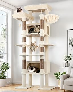 Globlazer Kratzbaum Beige Große XXL 213 cm Hoch mit 2 Große Katzenhaus 50*30*30CM, 2 Gepolsterte Plattforms, Hängematte, Weich Korb, Luxus Katzenbaum Stabil für Katzen Ausruhen Spielen (F83B, Beige)