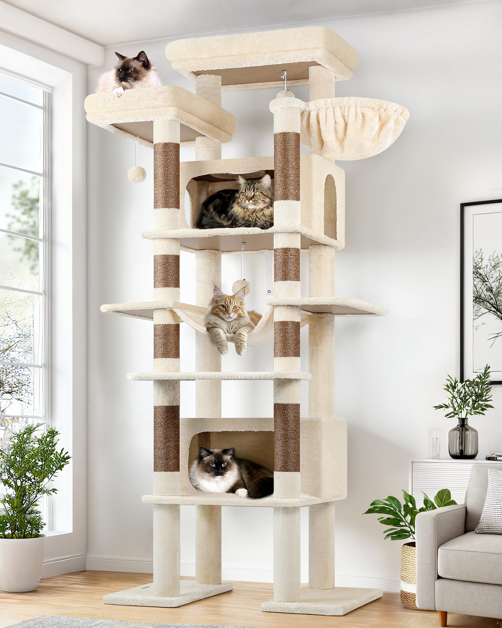 Globlazer F83B Kratzbaum XXL Beige 213 cm für Groß Katzen Katzenbaum Stabil | Extra großer, Über 2 Meter katzenbaum mit 2 Große Katzenhaus, Plattforms, Hängematte, für 3-5 mehrere große Katzen Maine Coon