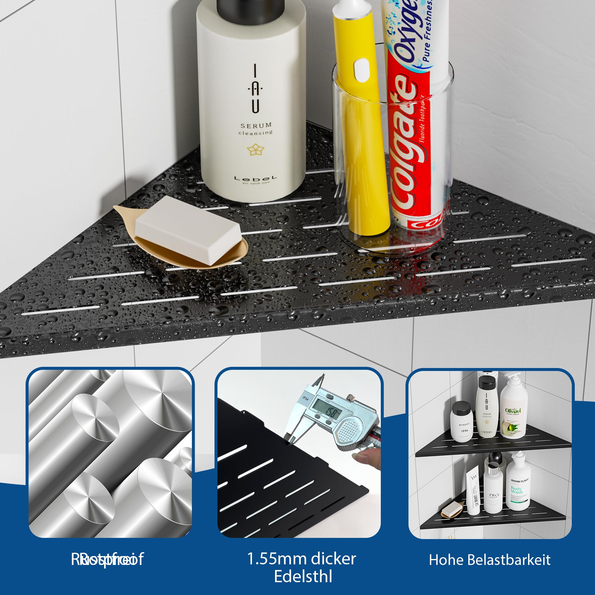 Neodrain Corner Shelf Shower Caddy Stainless Steel Shower Shelf Black Tiles Recessed for Bathroom Shampoo Holder 2 Pack - Image 2