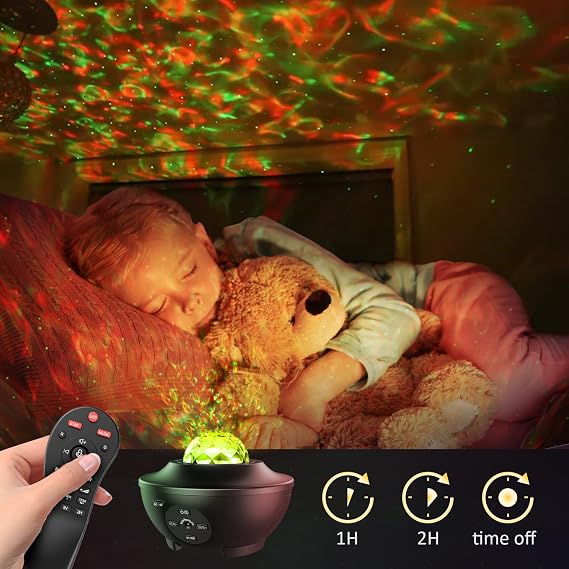 Galaksi LED projektör, zamanlayıcı/uzaktan kumandalı, çocuklar için Bluetooth hoparlörlü