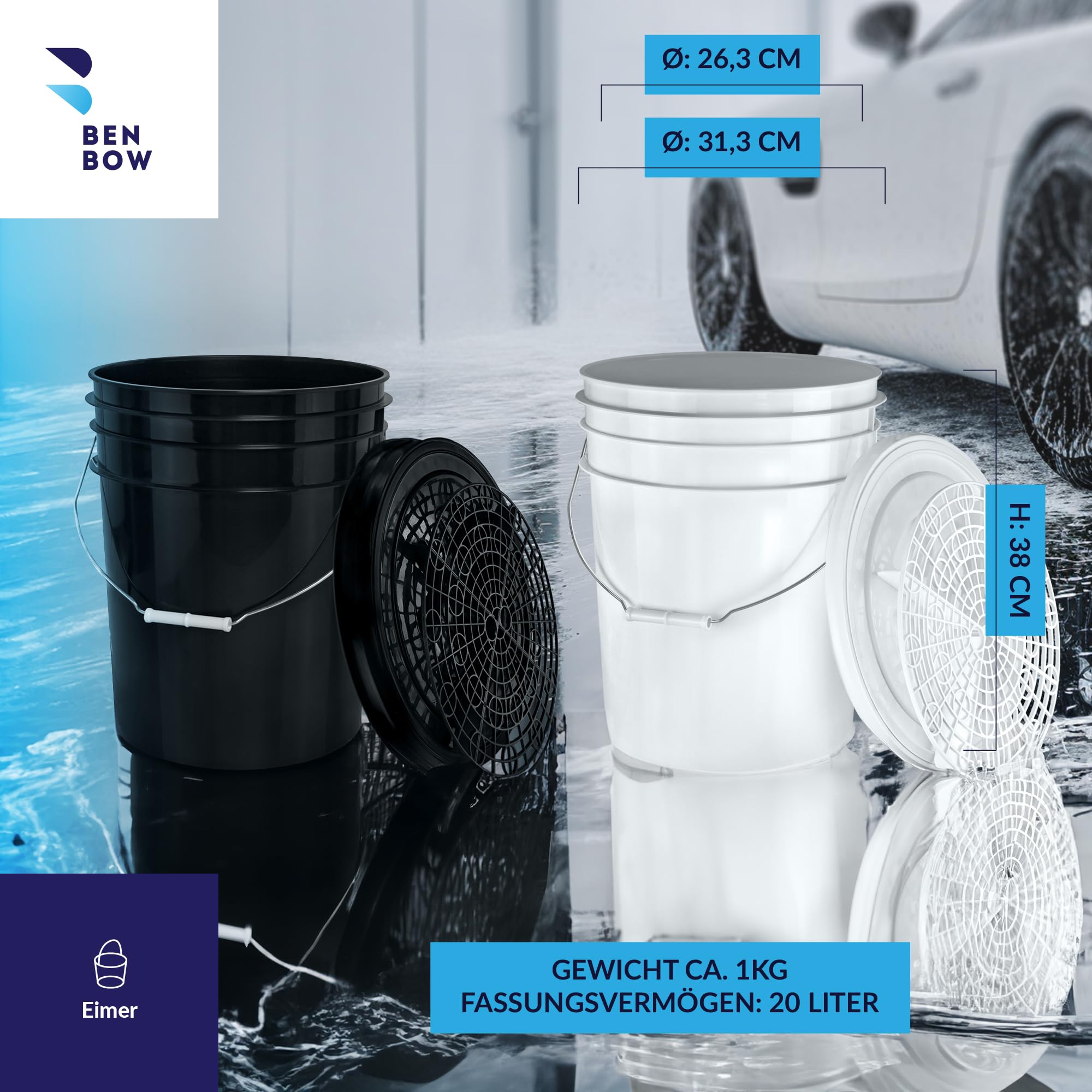 BenBow kit de Lavage Auto : 2 seaux de 20 litres avec 2 grilles de Lavage filtrantes et 2 couvercles de Seau - idéal pour Un Nettoyage Efficace et sans Rayures - de Lavage à Deux seaux