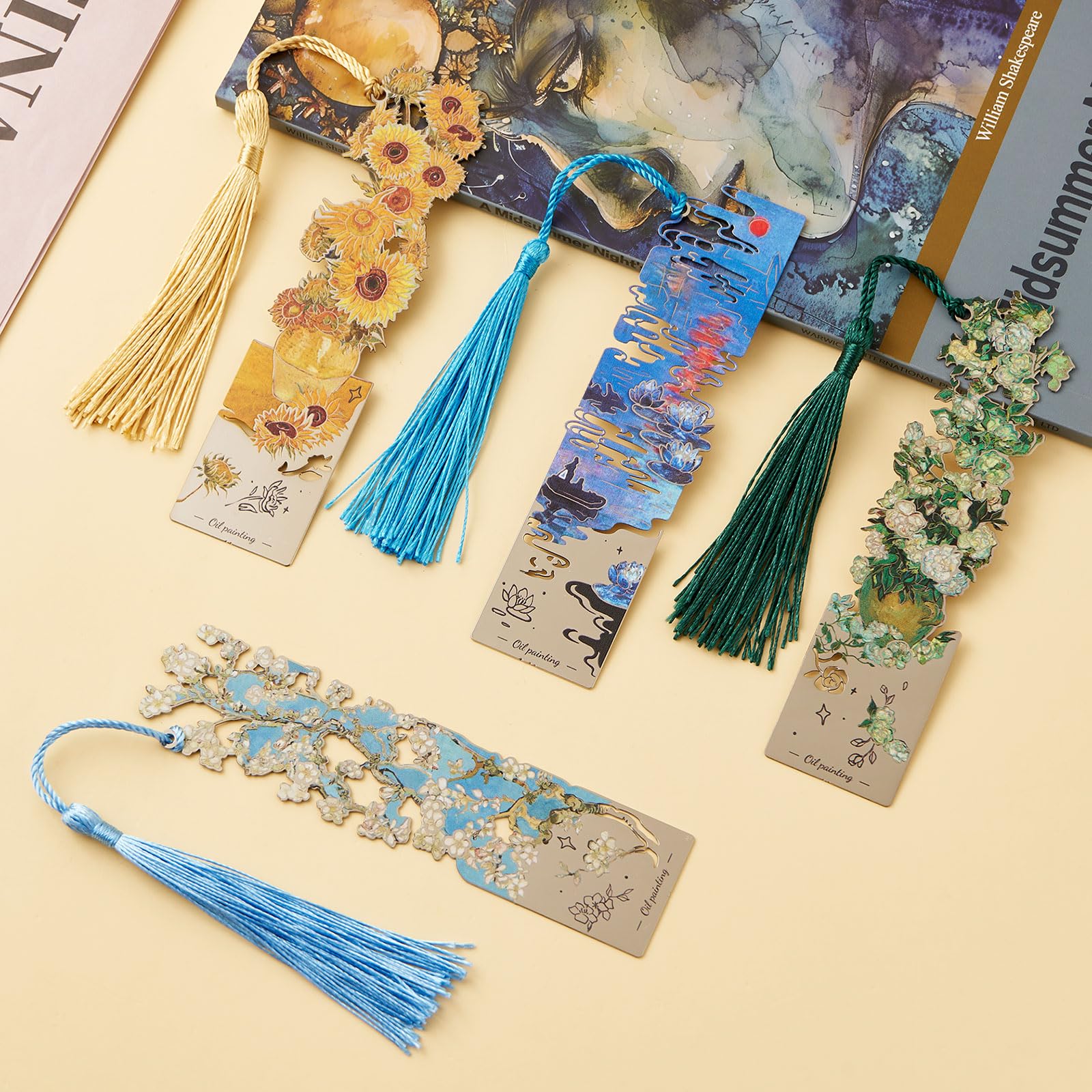 ZOUIQSS Metal Bookmarks with Tassel Golden Hollow Bookmark Van Gogh Oil Painting Theme Book Mark Bookmarks for Book Lovers Writers Readers Men Women,4 Pieces,Style4