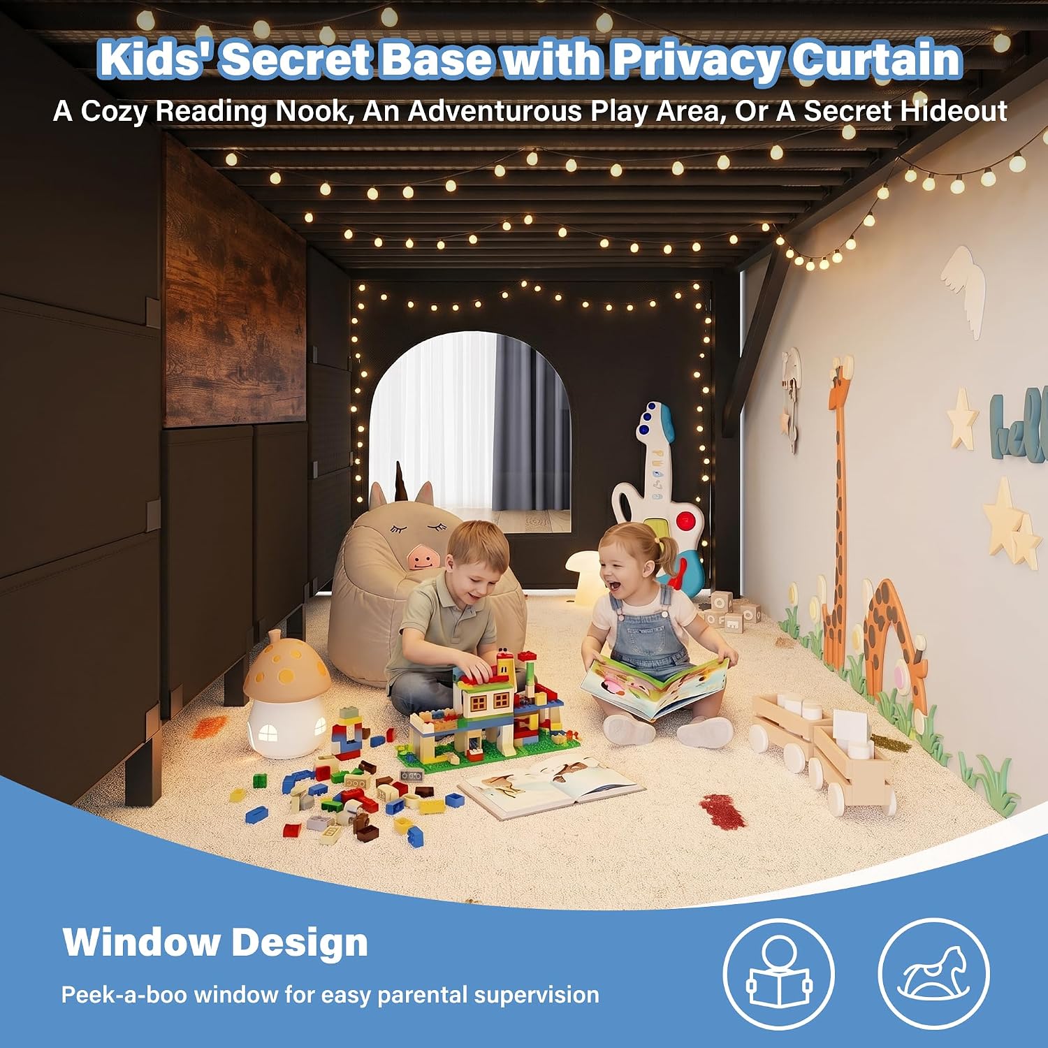 Image depicting two children playing in the under-bed area, which is covered by a privacy curtain, creating a secret base or cozy nook.