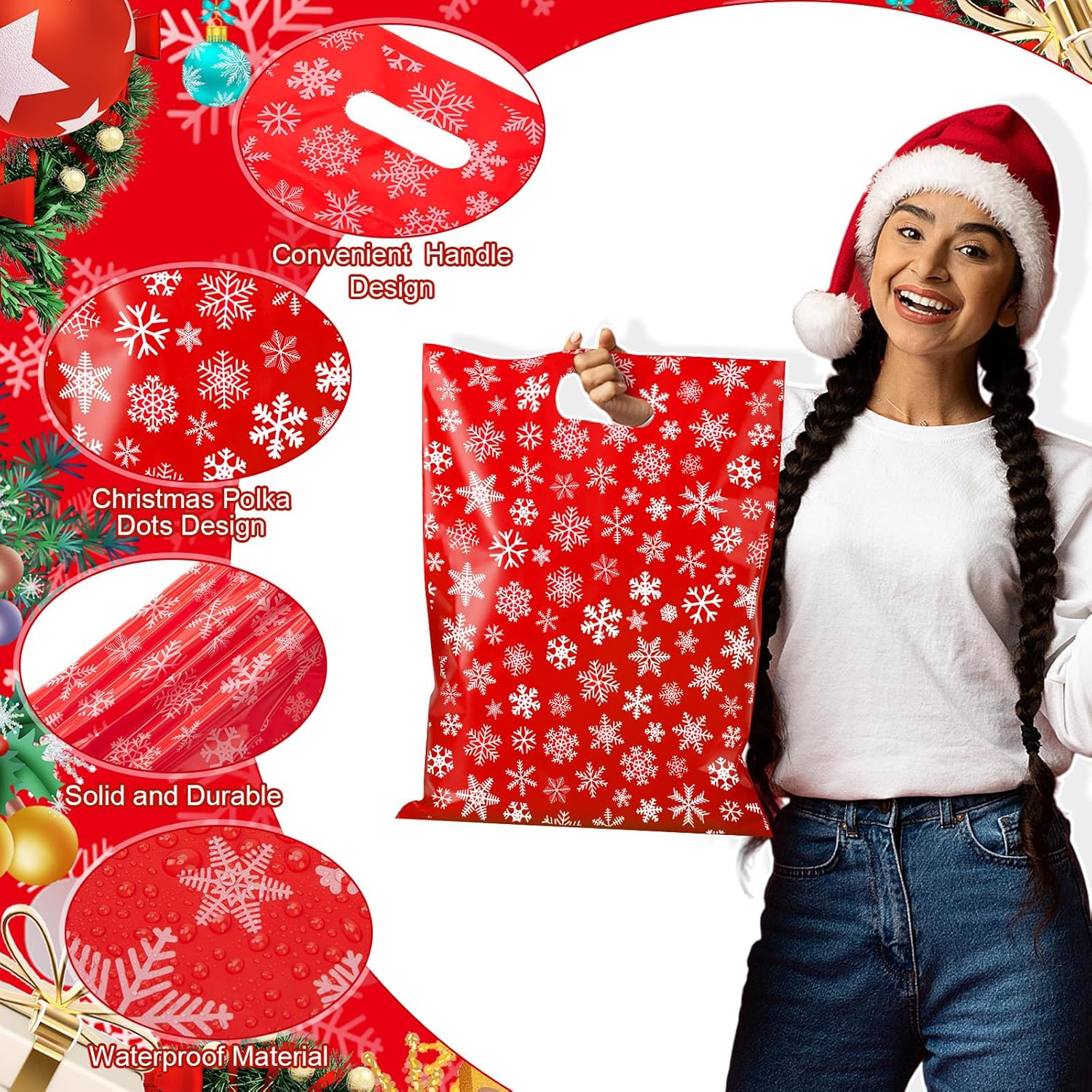 Eaasty 48 Pcs Christmas Plastic Gift Bags 16 x 12 Inch Red White Snowflake Merchandise Gift Bags with Handles Large Christmas Shopping Goodie Bag for Xmas Holiday Party Favor Gifts Wrapping - Image 5