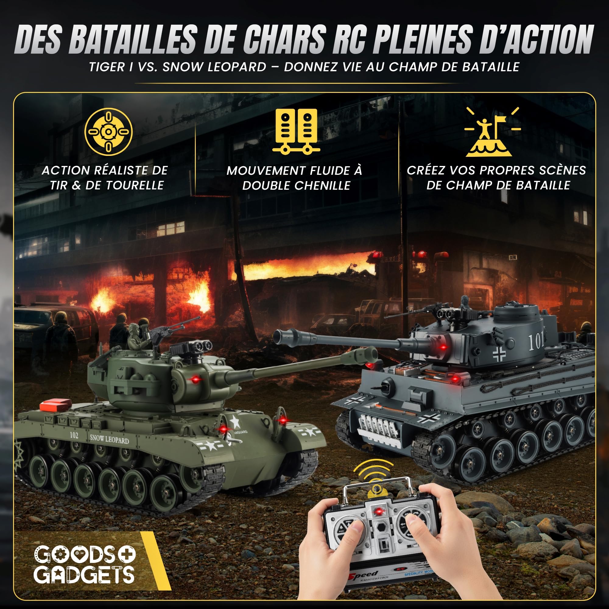 GOODS+GADGETS Modèle réduit de Char d'assaut Allemand Tiger I 2.4GHz à l'échelle 1:16 avec Fonction de tir, Son,Unisexe - RTR (Pershing Snow Leopard)