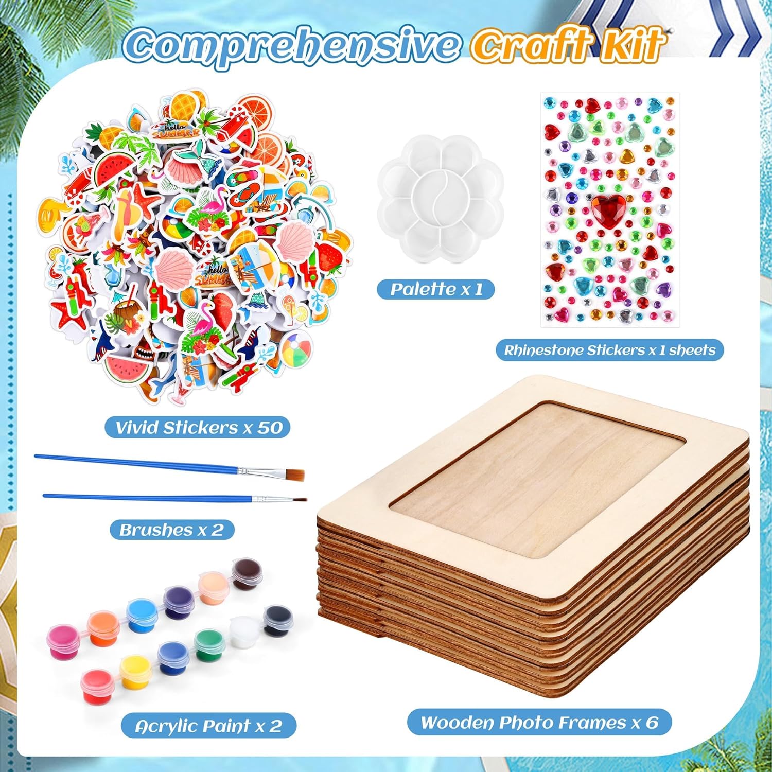 Fovths 24 Packs Summer Picture Frame Painting Craft Kit with 150 Stickers 2 Rhinestone Stickers Painting Tools Set 4 Brushes for DIY Kids Crafts Decorate